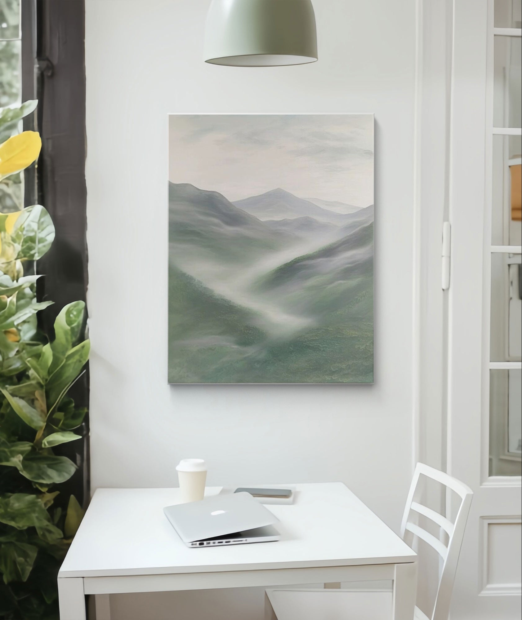 Green abstract mountain landscape painting, depicting misty mountains with soft green, grey, and white tones, adding tranquility and a natural touch to modern decor.