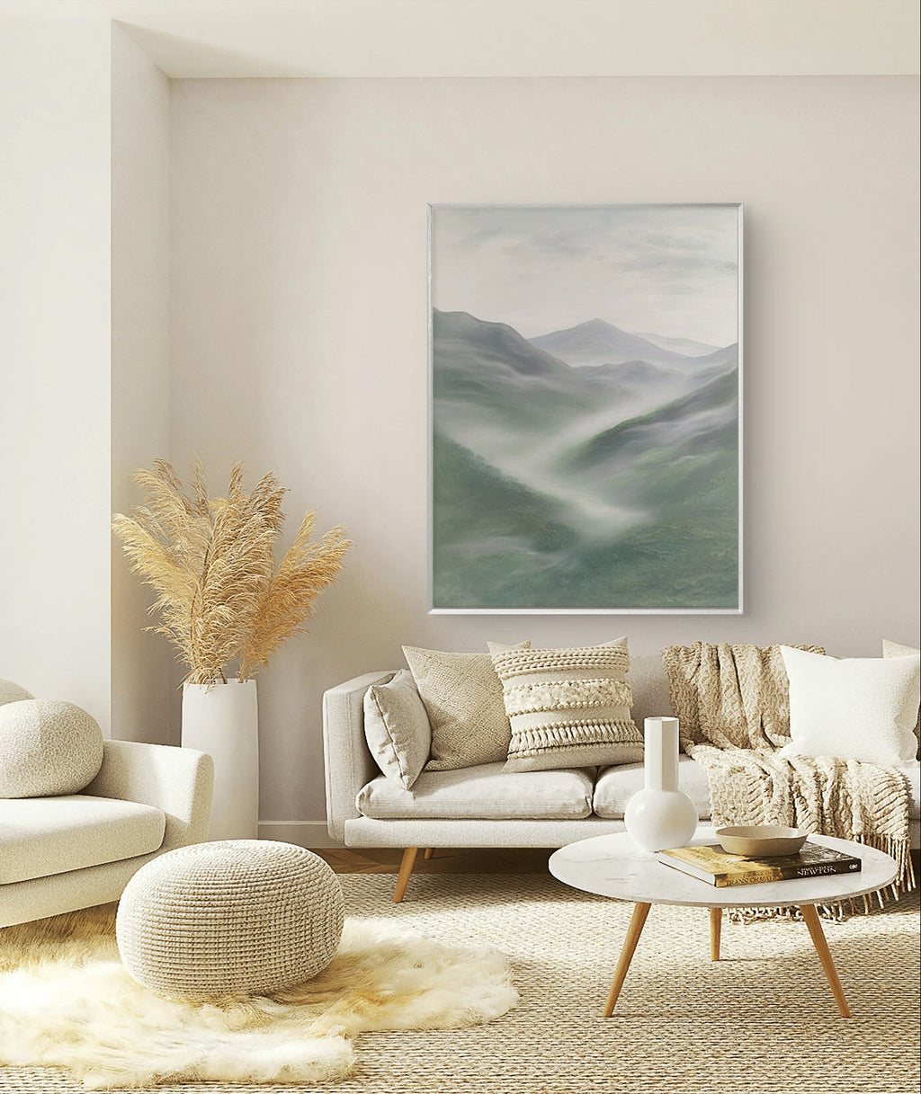 Green abstract mountain landscape painting, depicting misty mountains with soft green, grey, and white tones, adding tranquility and a natural touch to modern decor.
