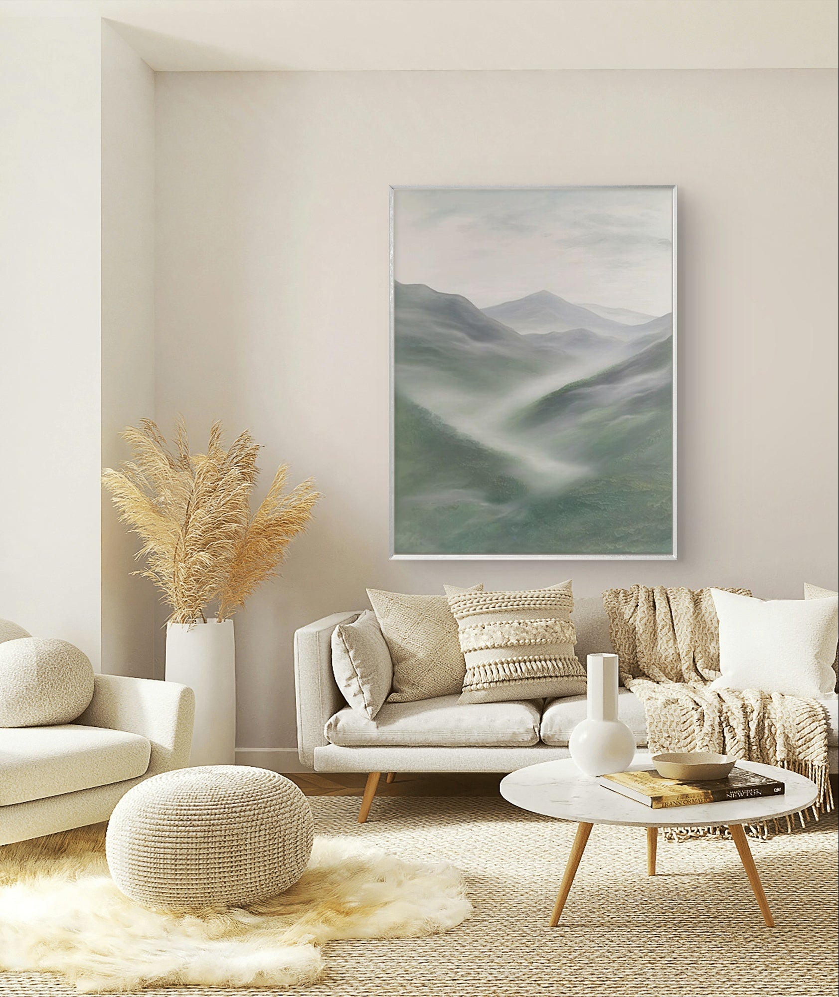 Green abstract mountain landscape painting, depicting misty mountains with soft green, grey, and white tones, adding tranquility and a natural touch to modern decor.