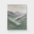 Green abstract mountain landscape painting, depicting misty mountains with soft green, grey, and white tones, adding tranquil