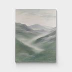 Green abstract mountain landscape painting, depicting misty mountains with soft green, grey, and white tones, adding tranquility and a natural touch to modern decor.