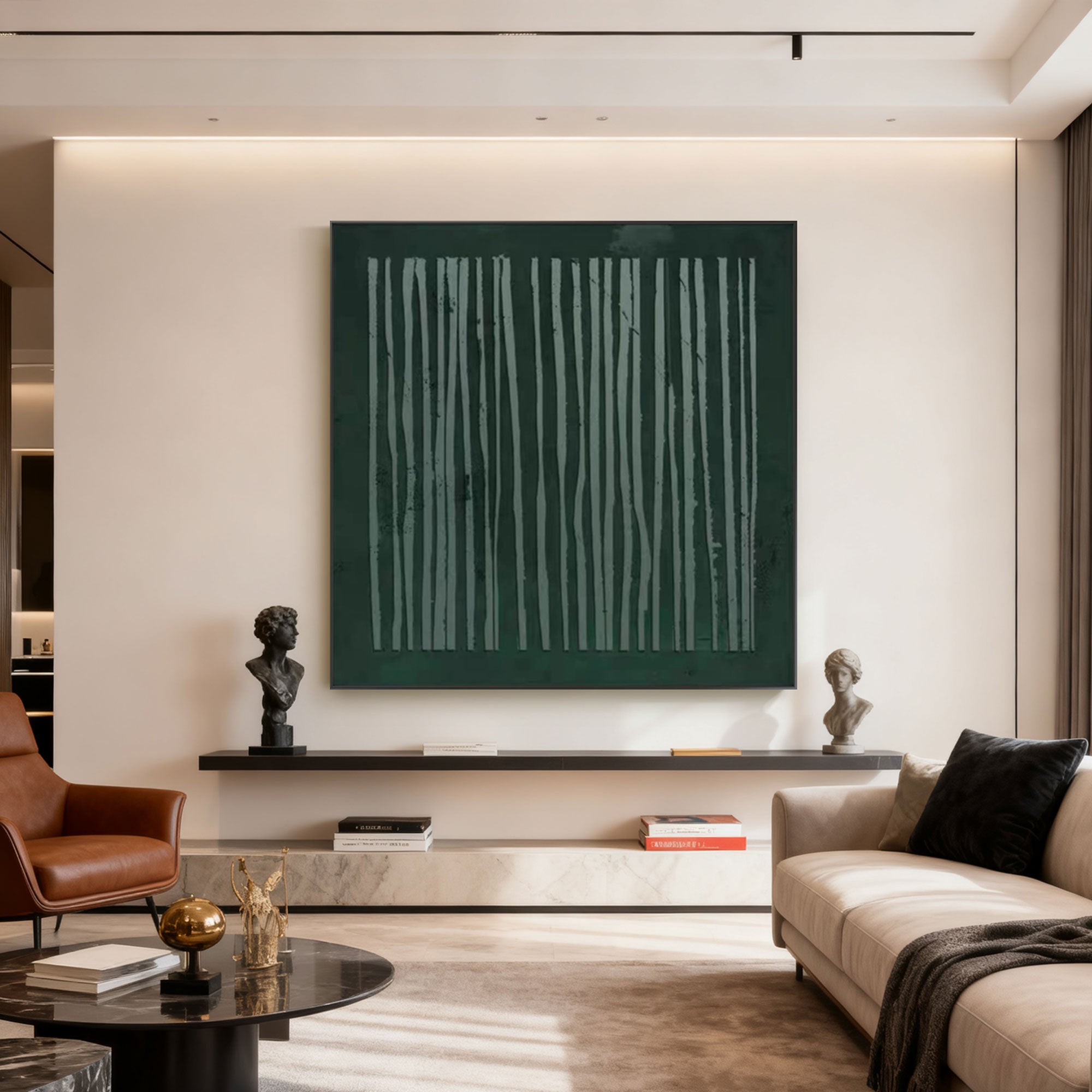 Lumi Gallery's hand-painted green minimalist canvas wall art 'Quiet Grove' in contemporary living room