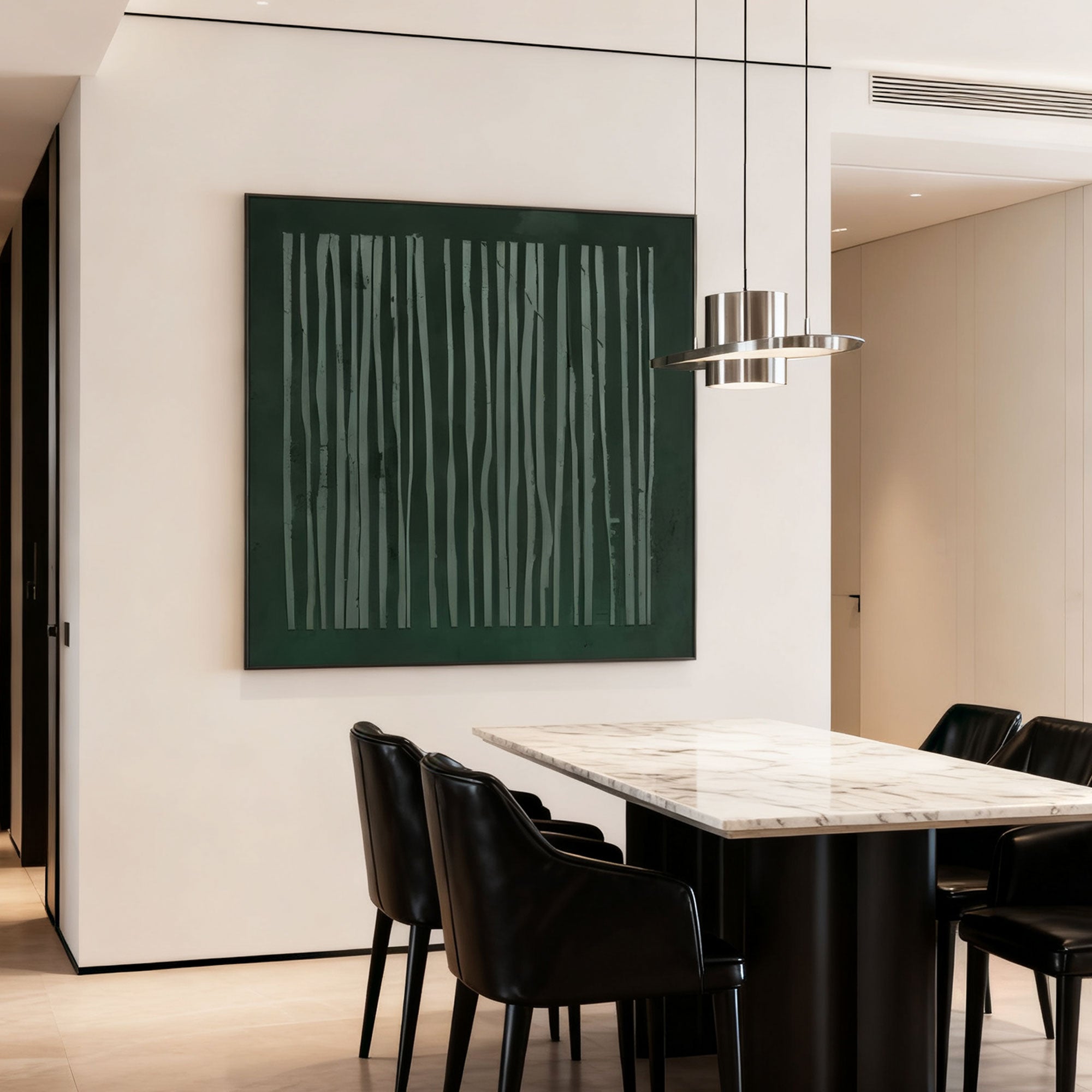 Lumi Gallery's Wabi-Sabi minimalist green canvas wall art with vertical patterns in modern dining room