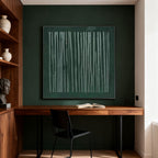 Lumi Gallery's hand-painted Wabi-Sabi minimalist green canvas wall art with vertical white strokes in contemporary space