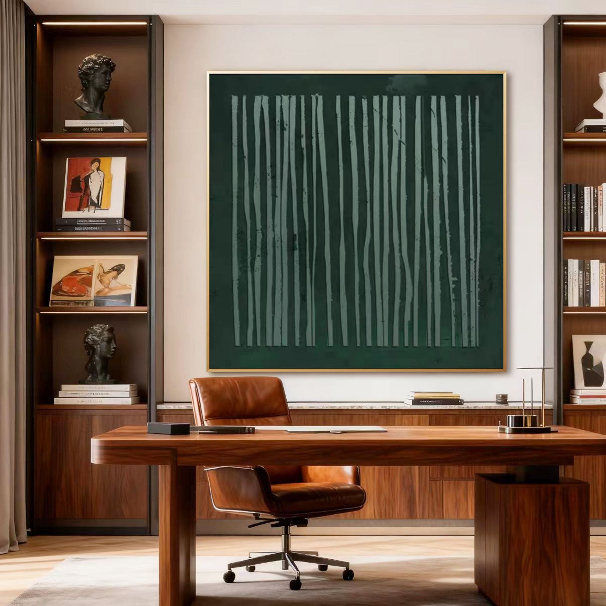 Lumi Gallery's Wabi-Sabi minimalist green wall art 'Quiet Grove' in contemporary office