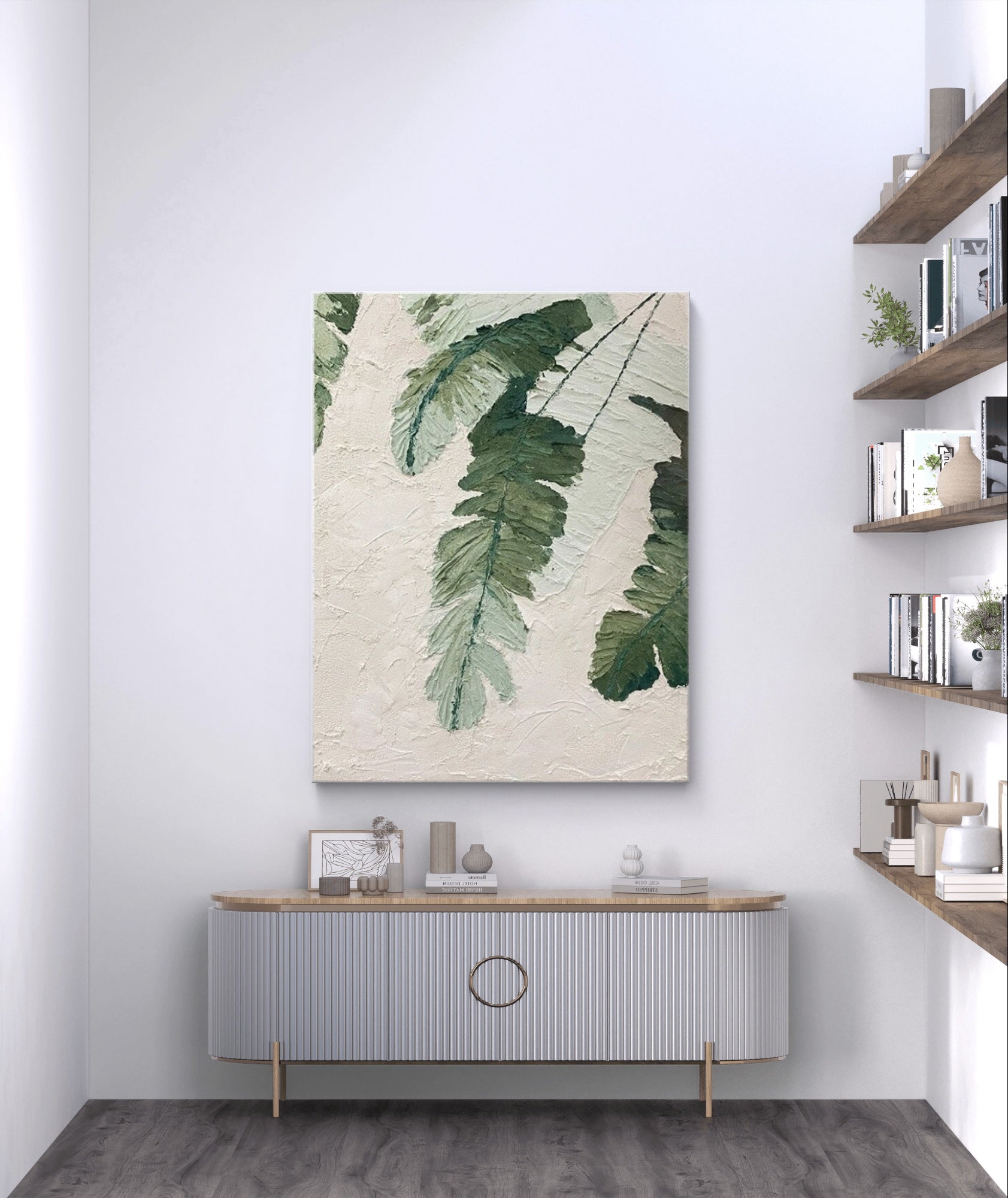 Green plant oil painting with Wabi-Sabi style, depicting the natural beauty of leaves, ideal for modern home decor.