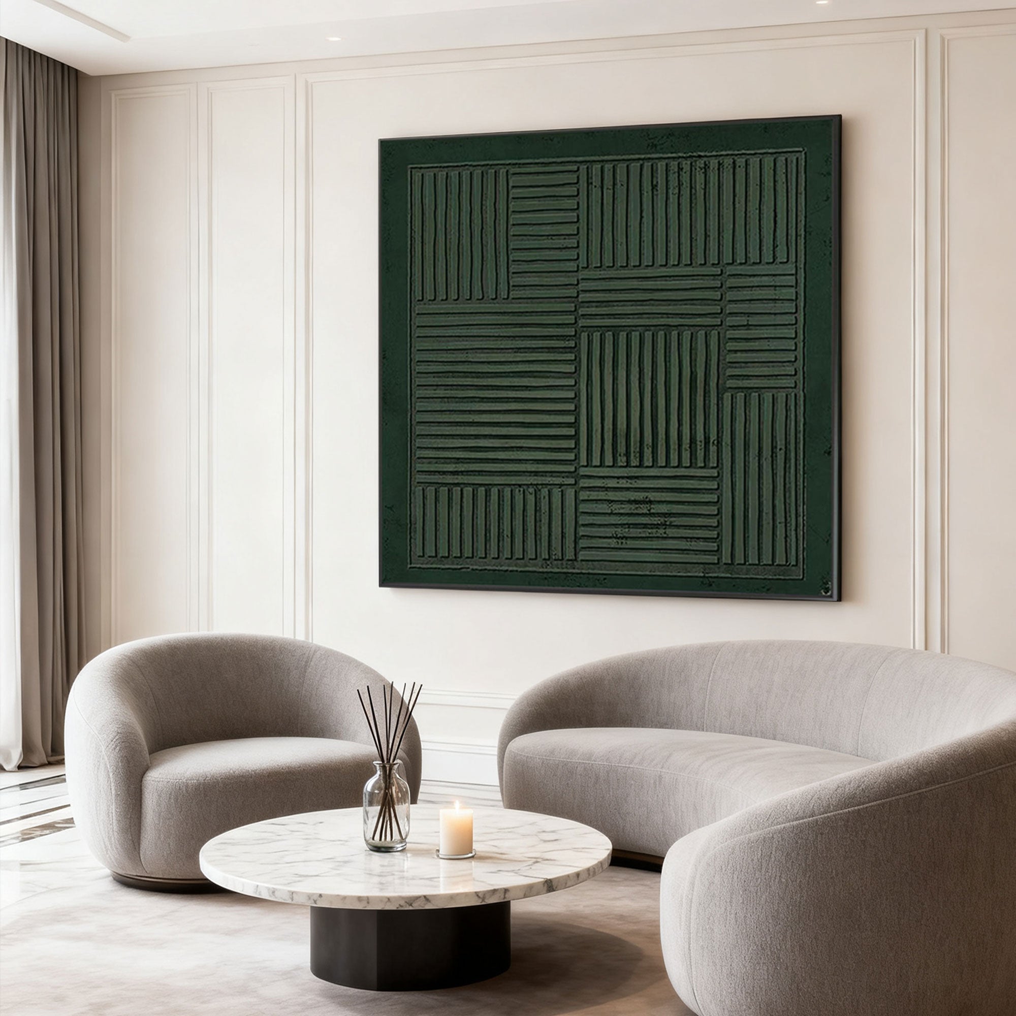 Wabi-Sabi Green Geometric Square Wall Art - Verdant Lattice