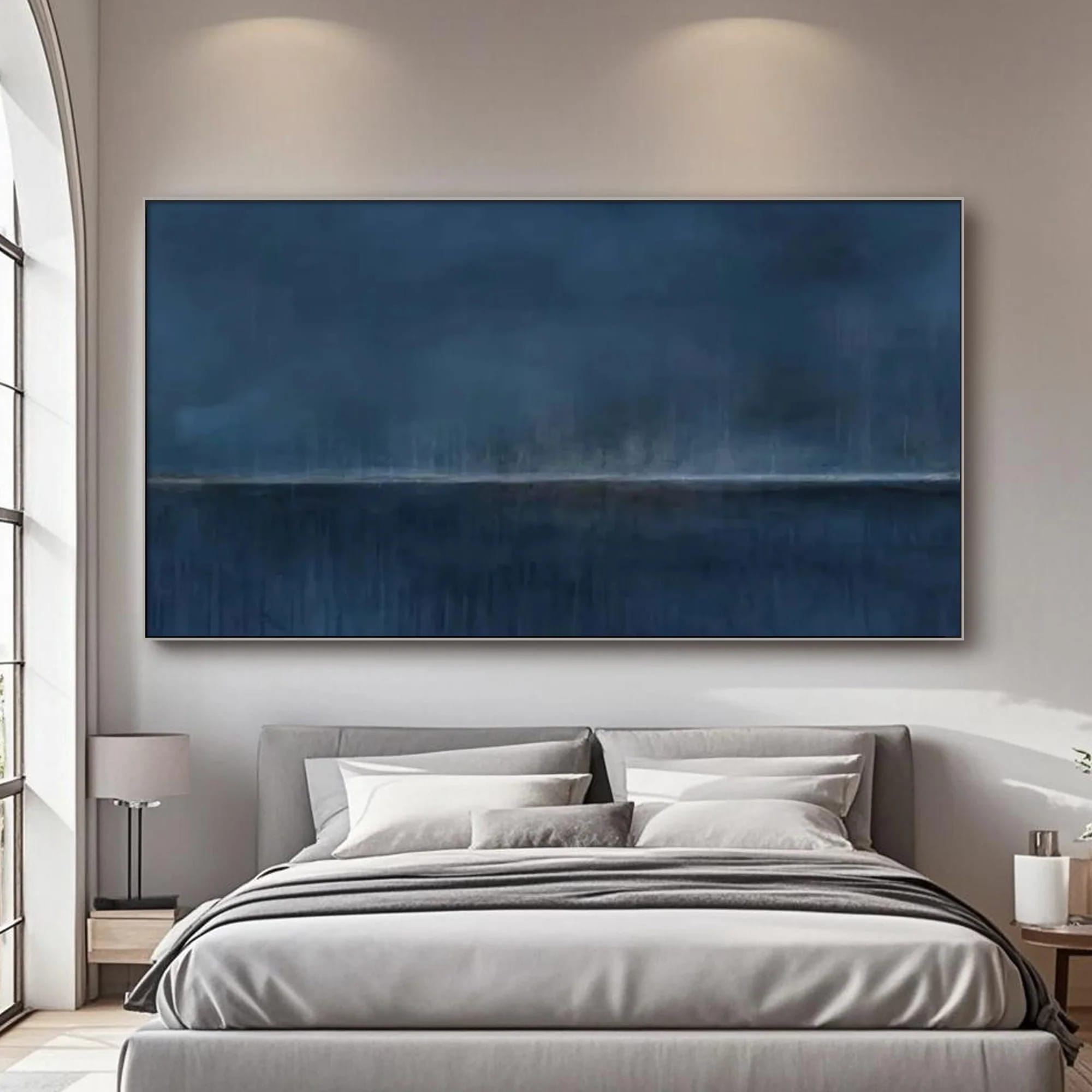 Hand-painted minimalist abstract blue wall art 'Distant Night' in bedroom