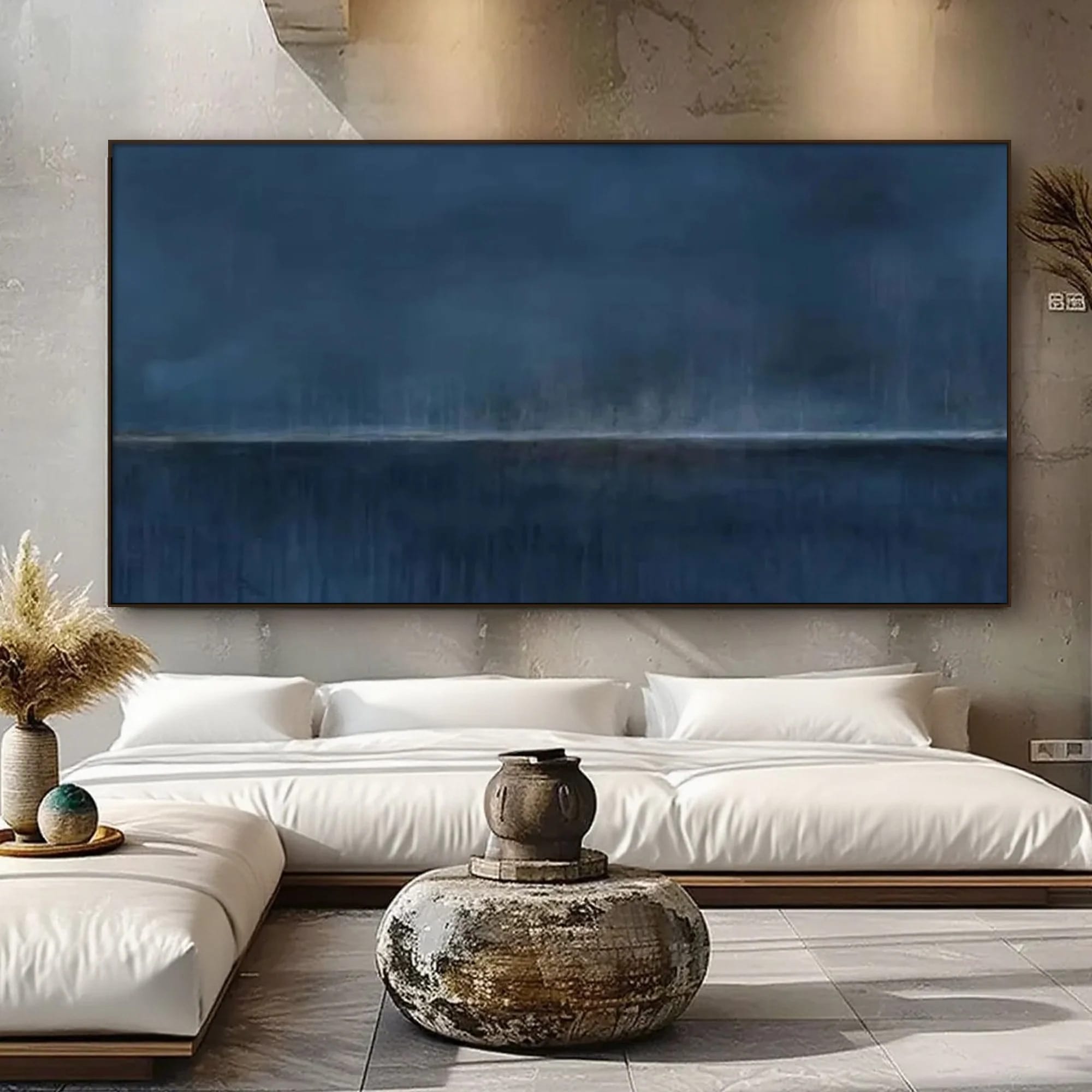 Minimalist abstract blue wall art 'Distant Night' by Lumi Gallery in bedroom