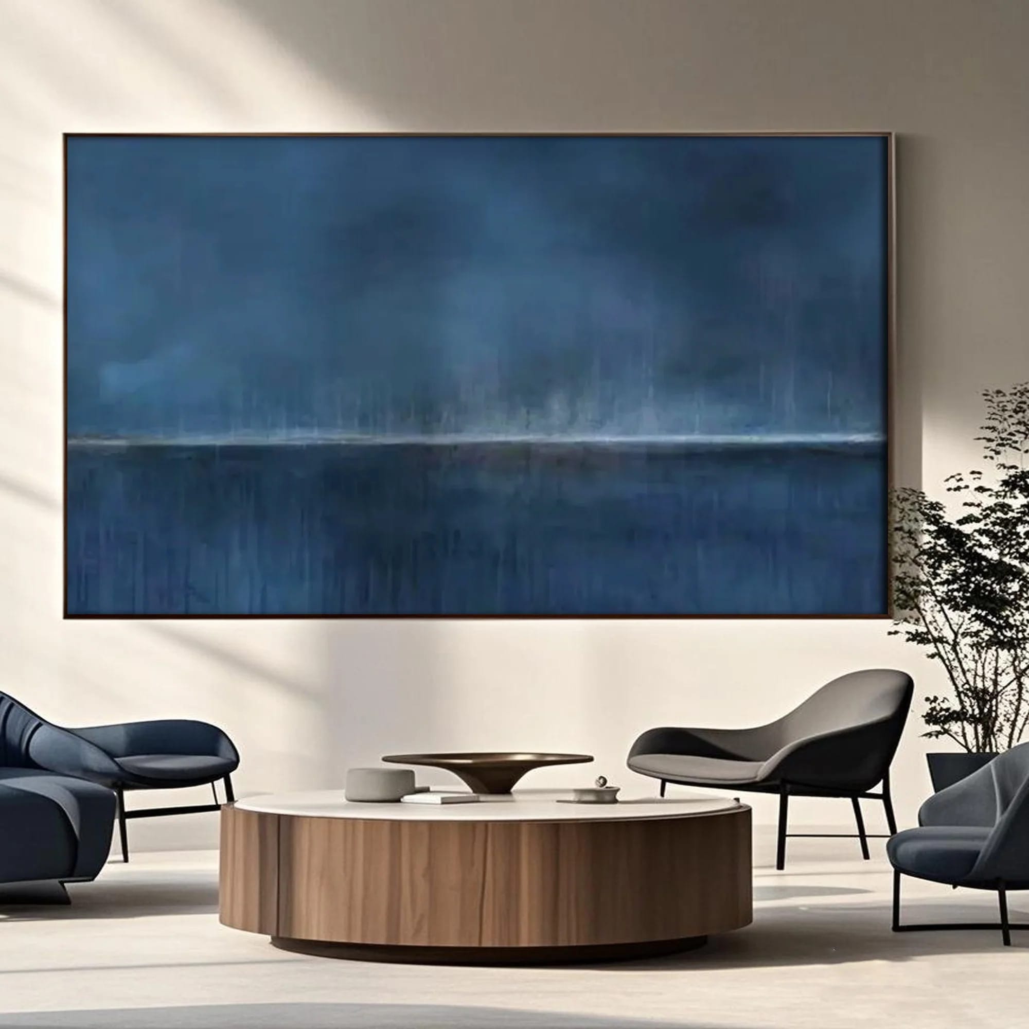 Minimalist abstract blue wall art 'Distant Night' by Lumi Gallery in modern living room