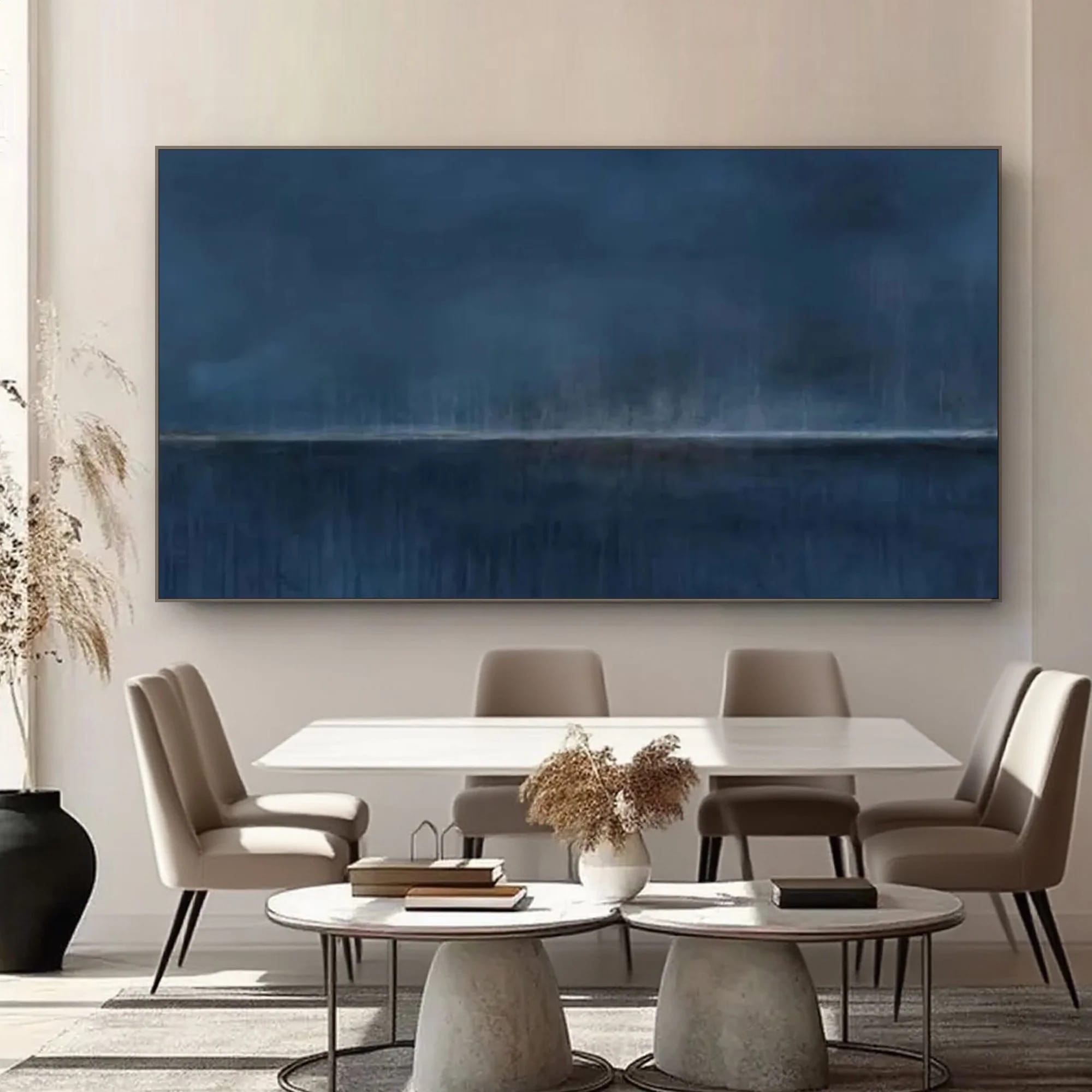 Minimalist abstract blue wall art 'Distant Night' in modern dining room