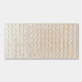 Hand-painted 3D textured minimalist beige geometric wall art with rows of oval shapes in varying beige tones, titled Arcane Rhythm