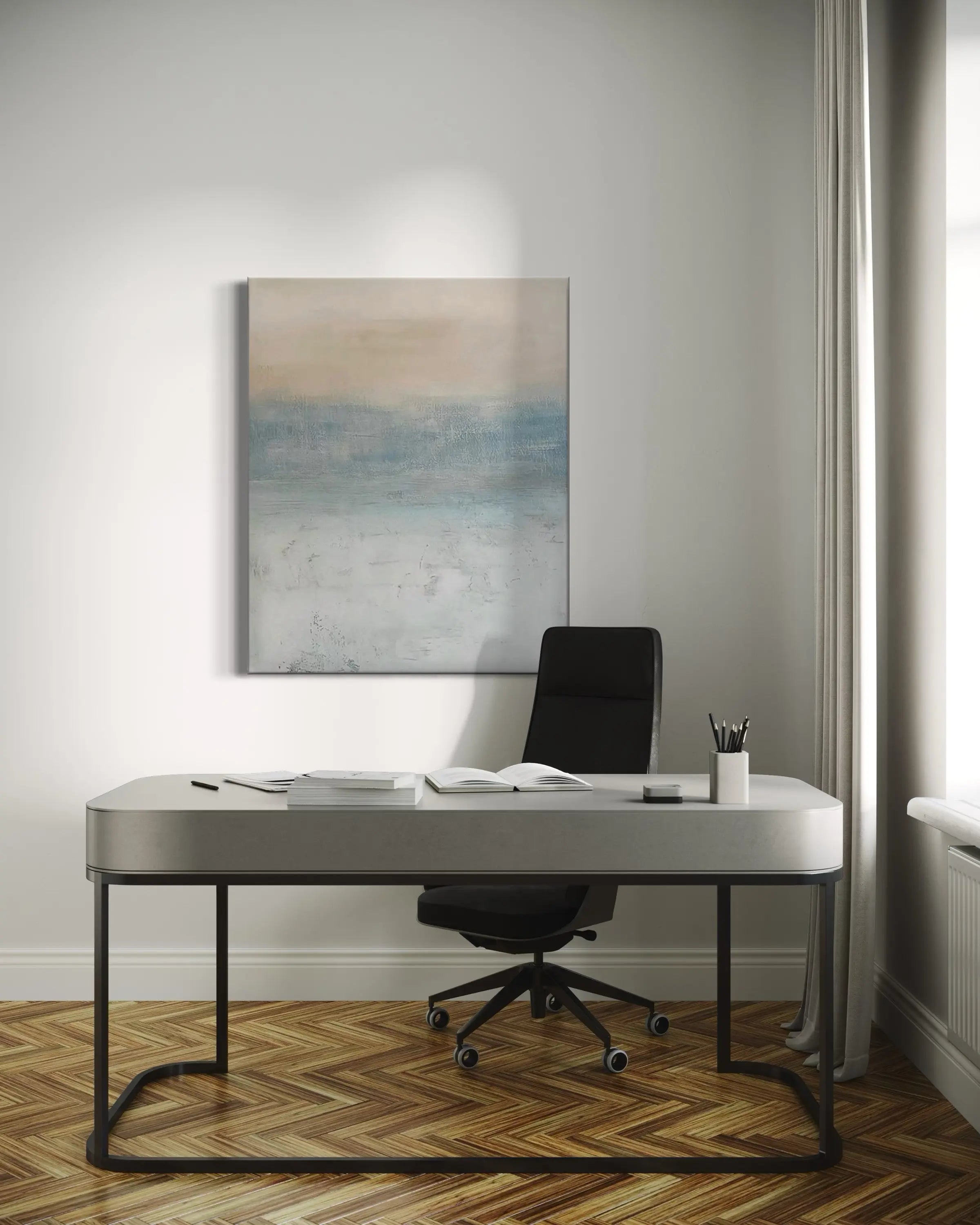 Abstract landscape painting with soft blue, beige, and white tones, creating a calming atmosphere.