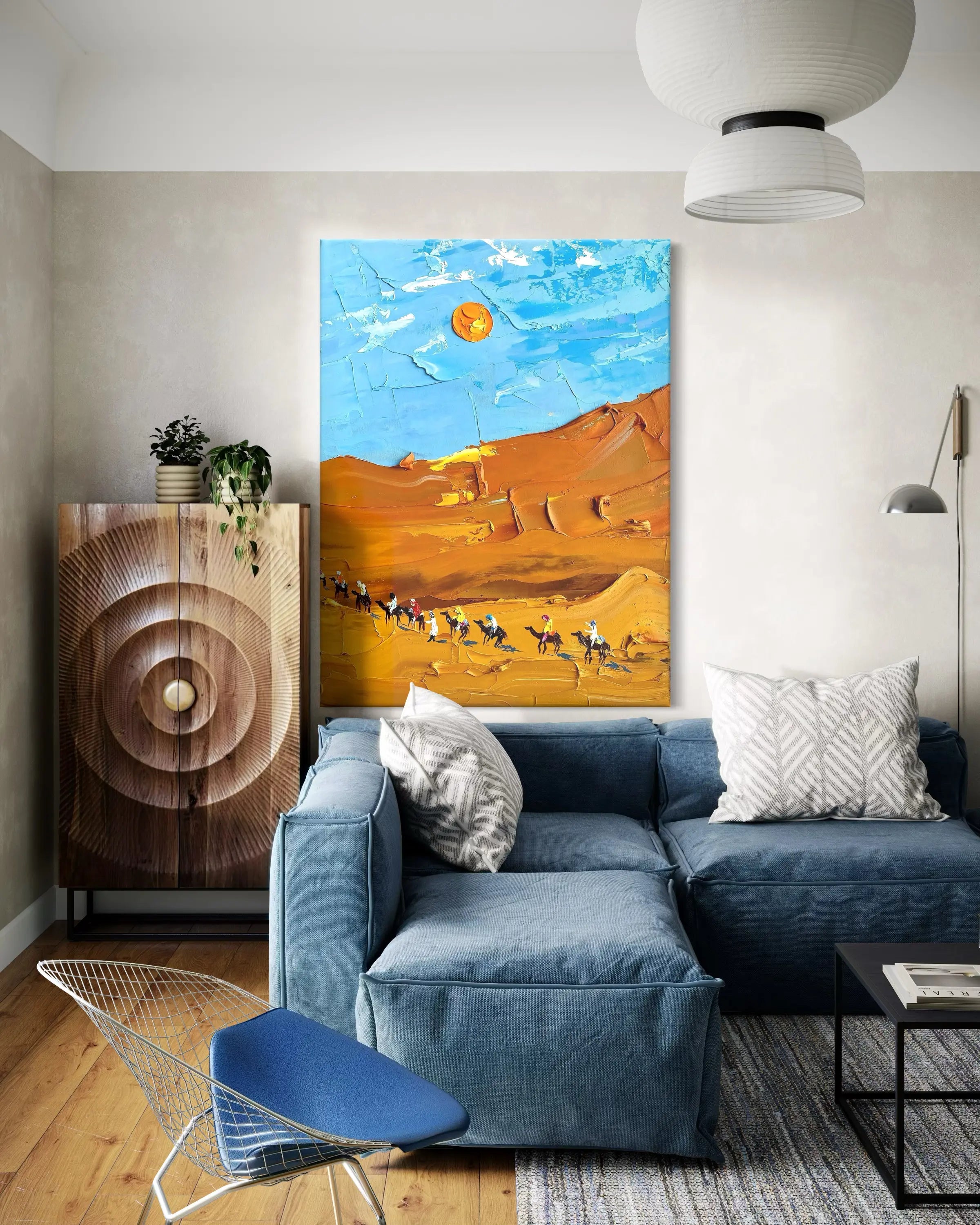 Textured Desert Landscape Canvas with Camel Caravan Under Blue Sky