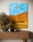 Textured Desert Landscape Canvas with Camel Caravan Under Blue Sky