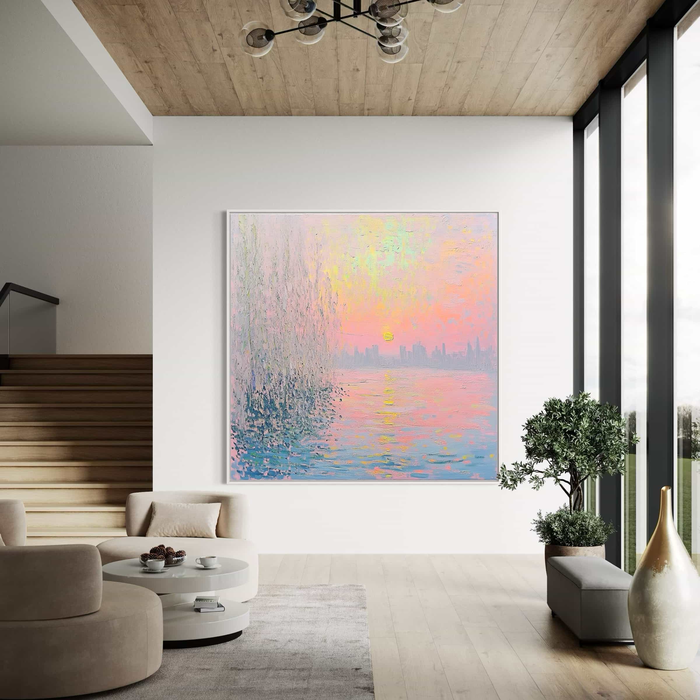 Romantic sunset wall decor in vibrant pink and purple shades, depicting a calming riverside view. Handcrafted on premium canvas for timeless elegance.