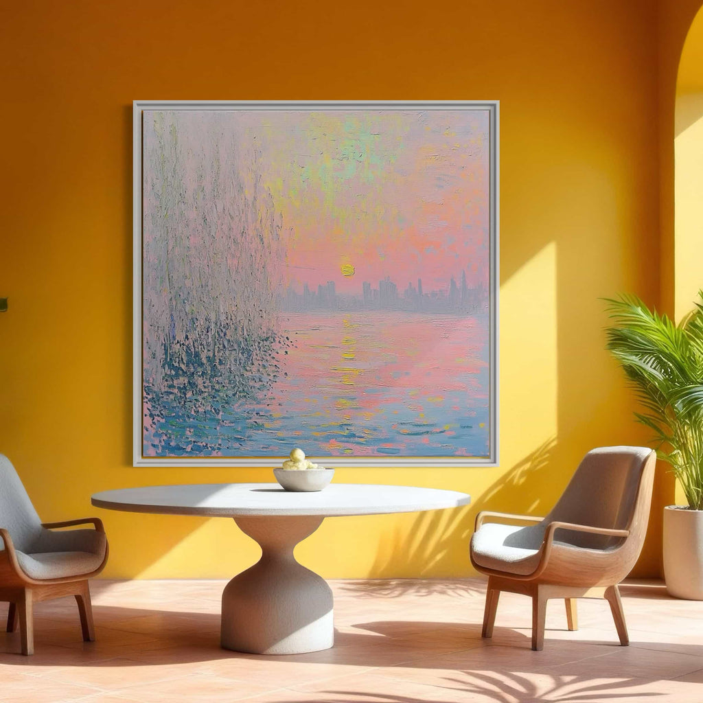 Romantic sunset wall decor in vibrant pink and purple shades, depicting a calming riverside view. Handcrafted on premium canvas for timeless elegance.