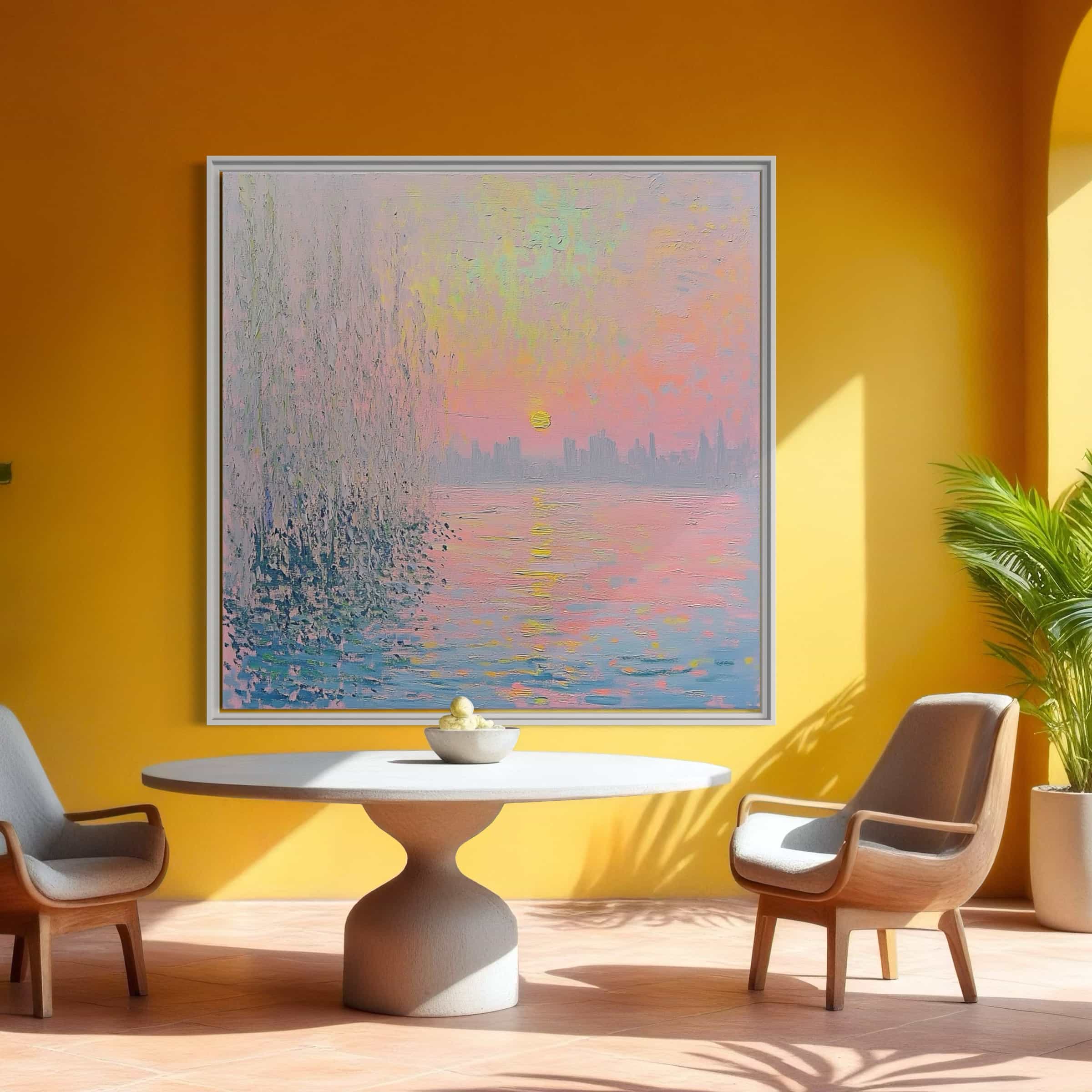 Romantic sunset wall decor in vibrant pink and purple shades, depicting a calming riverside view. Handcrafted on premium canvas for timeless elegance.