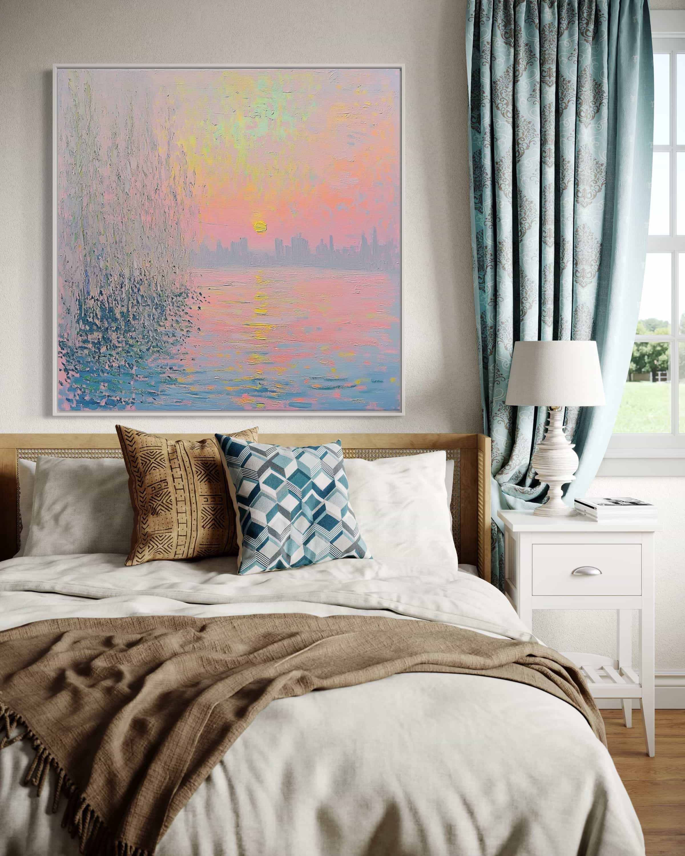 Romantic sunset wall decor in vibrant pink and purple shades, depicting a calming riverside view. Handcrafted on premium canvas for timeless elegance.