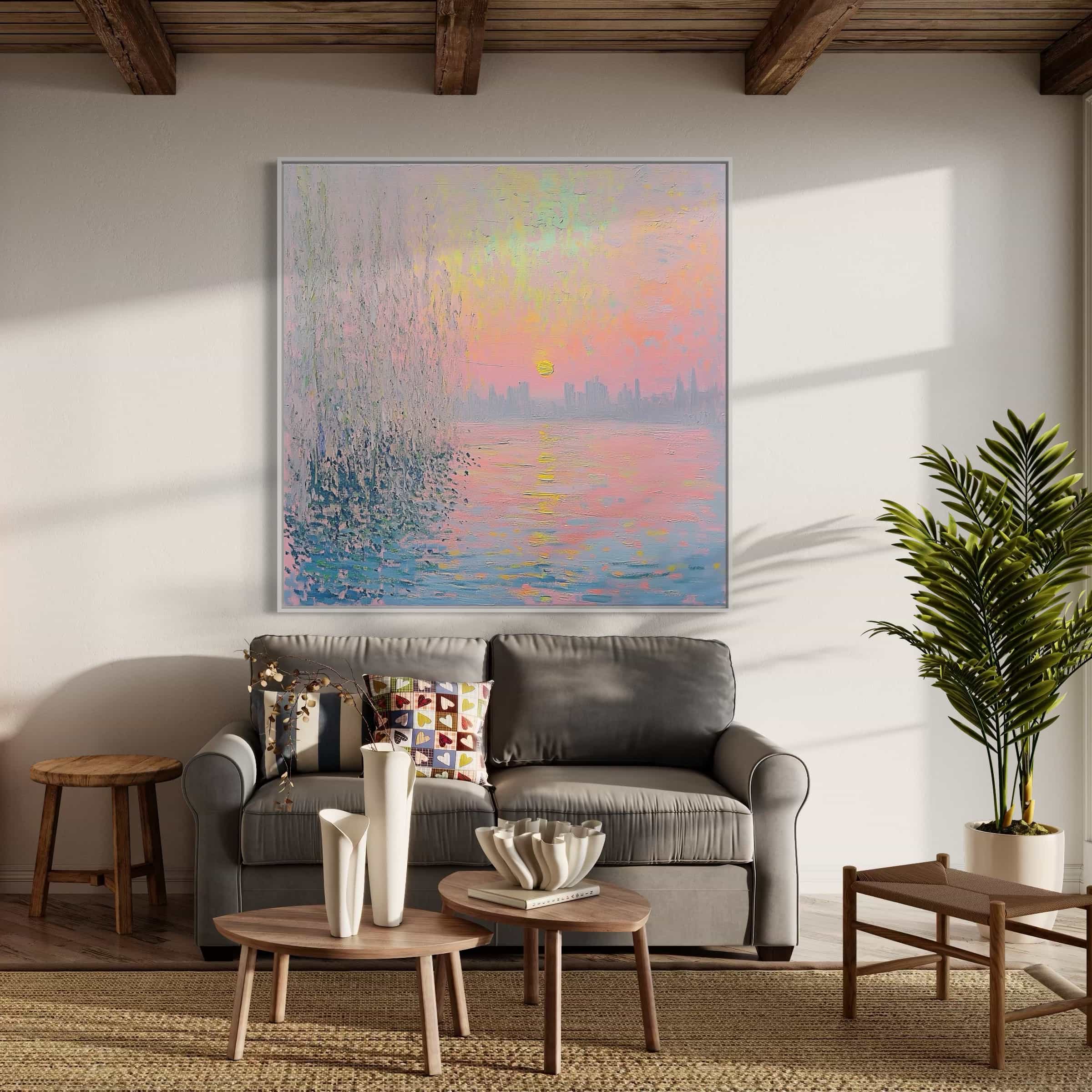 Romantic sunset wall decor in vibrant pink and purple shades, depicting a calming riverside view. Handcrafted on premium canvas for timeless elegance.