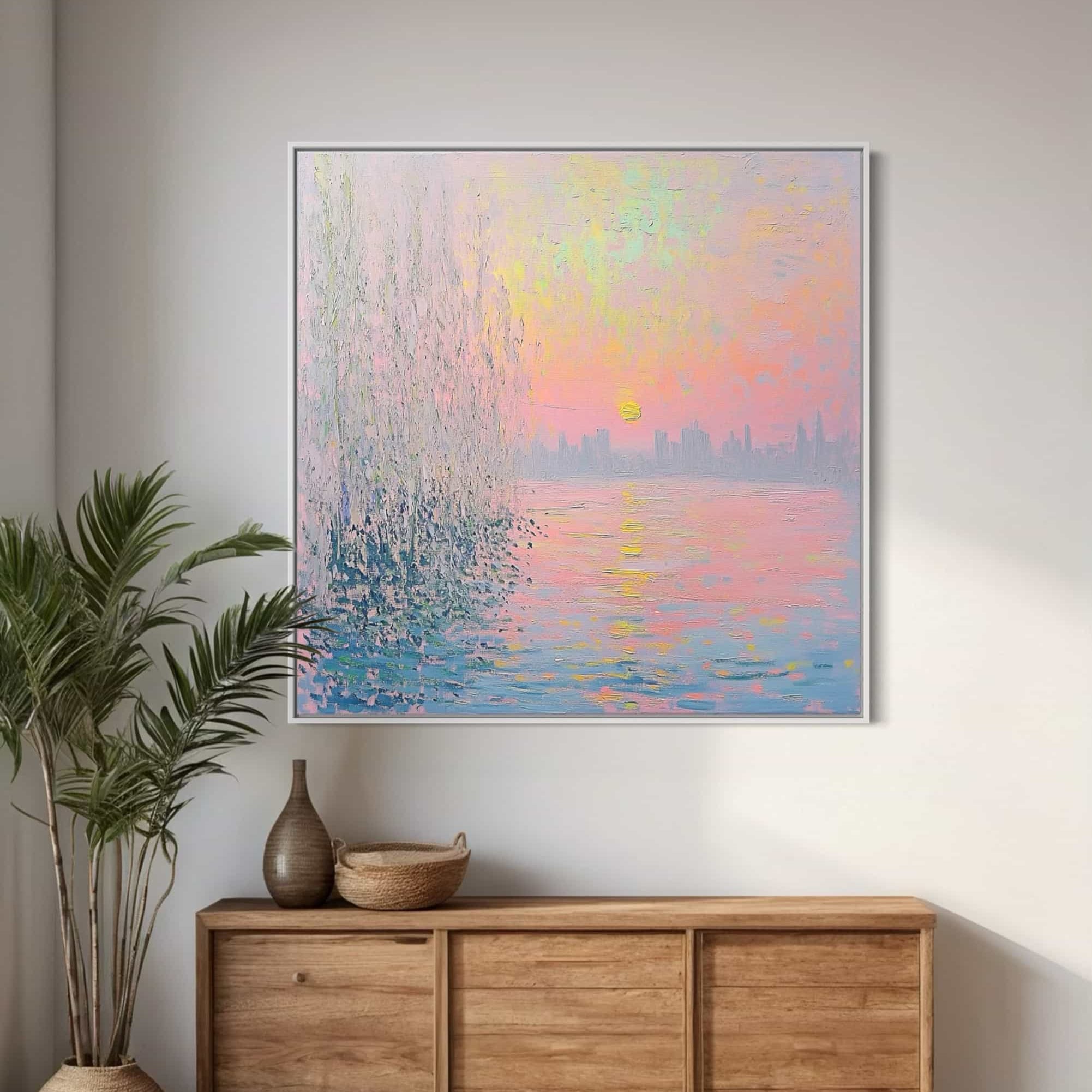 Romantic sunset wall decor in vibrant pink and purple shades, depicting a calming riverside view. Handcrafted on premium canvas for timeless elegance.