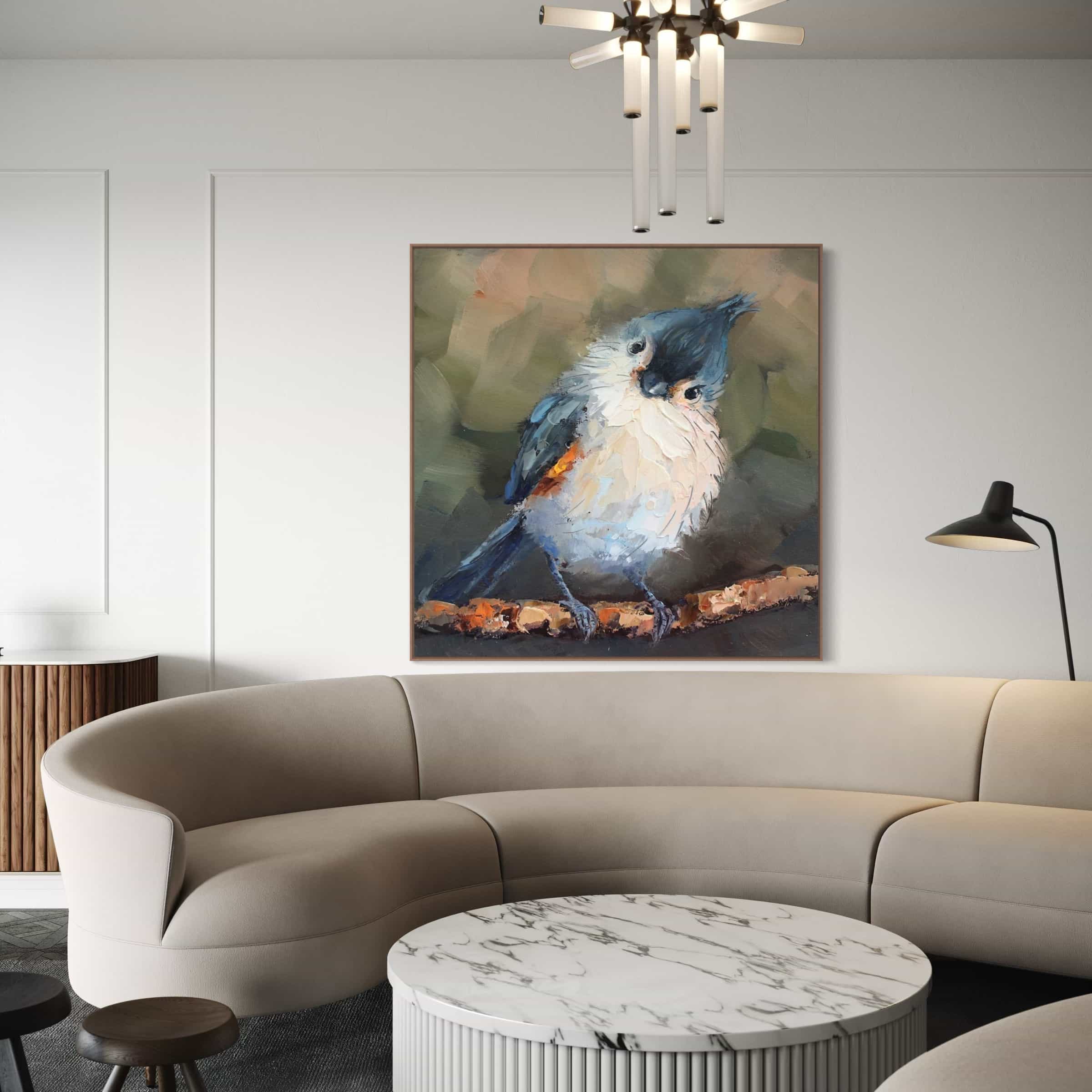Large square wall decor art of a Titmouse bird, showcasing eco-friendly paints and gallery-grade packaging for safe global shipping.