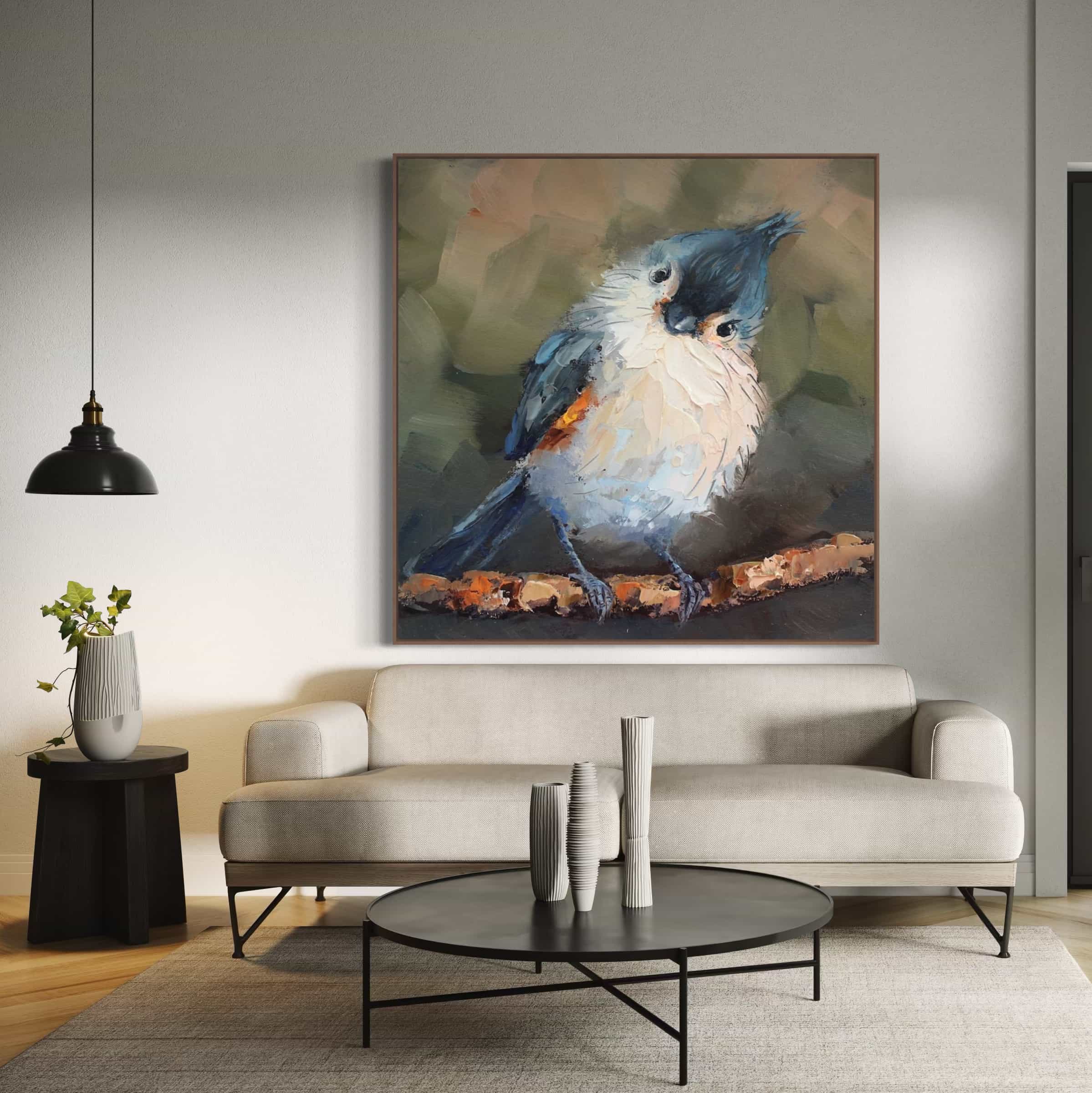 Modern animal-themed canvas wall art featuring a charming Titmouse bird, perfect for contemporary living rooms or bedrooms.
