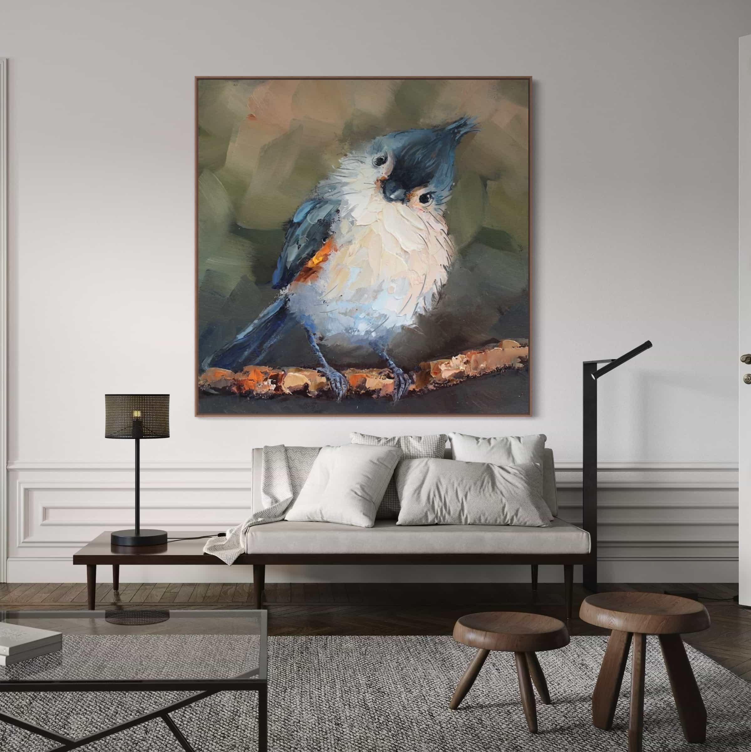 Impressionistic Bird Blue and White Canvas Painting #AN003