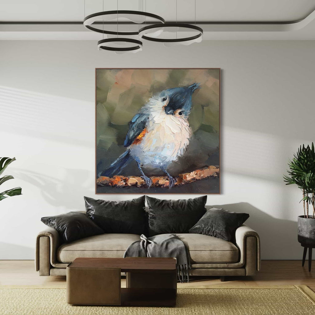 Impressionistic bird painting in calming blue and white hues, capturing a Titmouse’s playful expression on museum-quality canvas.