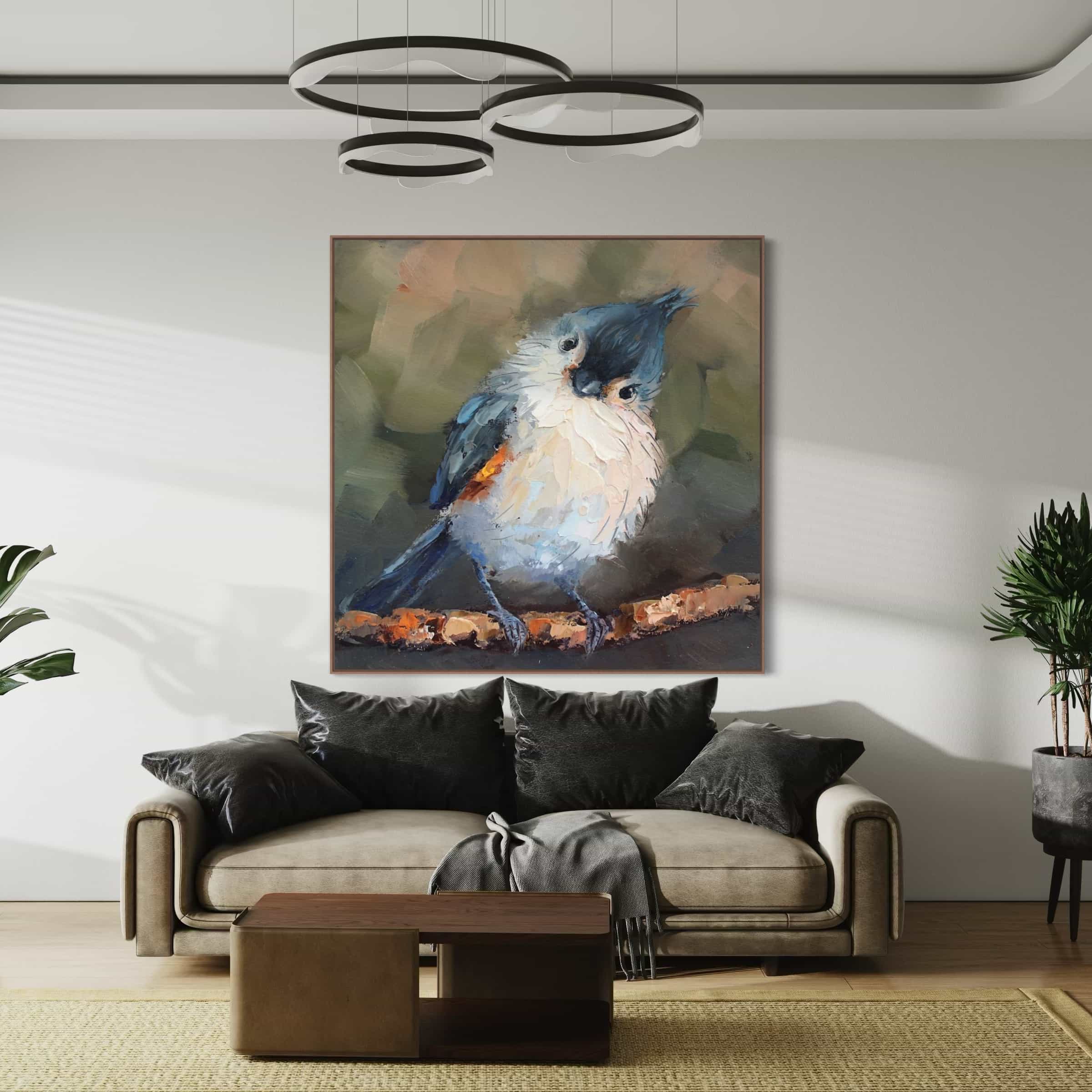 Impressionistic bird painting in calming blue and white hues, capturing a Titmouse’s playful expression on museum-quality canvas.