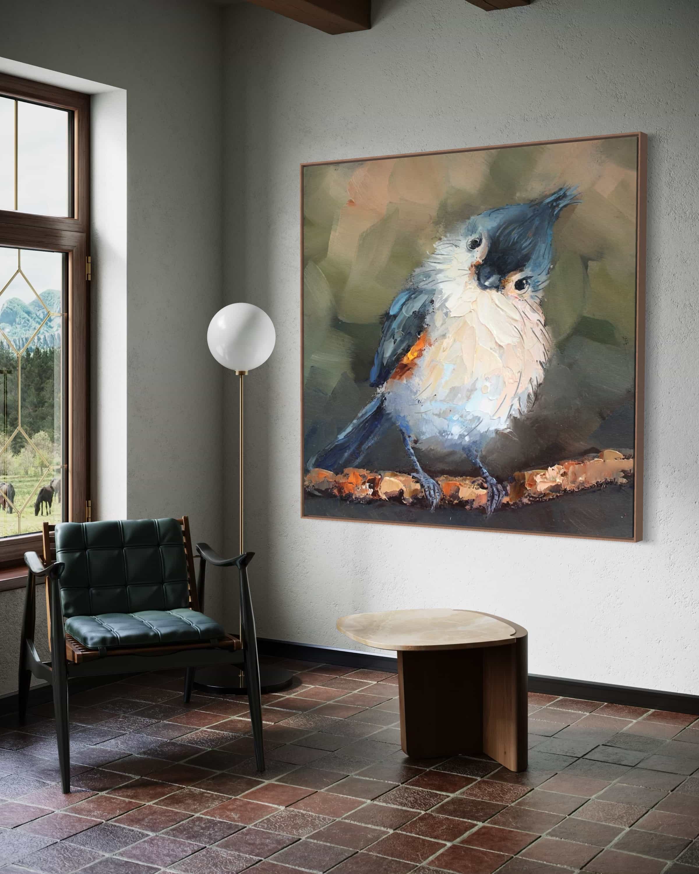 Close-up of a blue-and-white bird artwork with subtle brushstrokes, ideal as a housewarming gift or interior design accent.