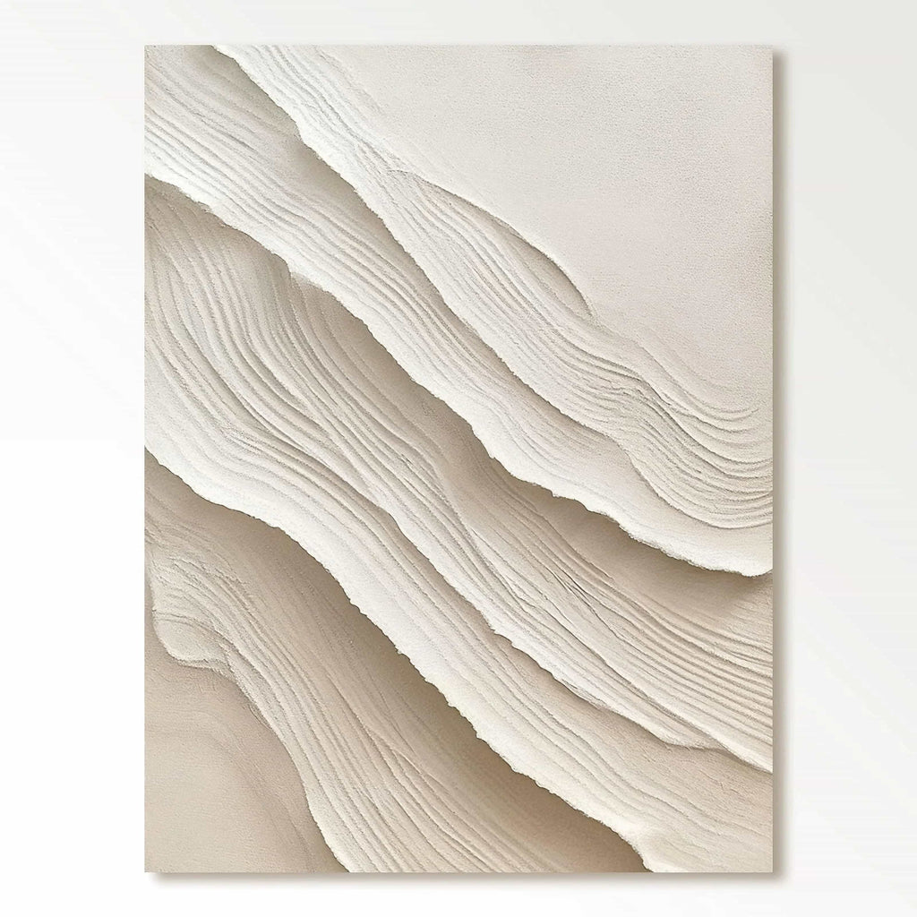 Vertical abstract 3D textured wall art in white and beige, featuring minimalist Wabi-Sabi style for modern home decor.