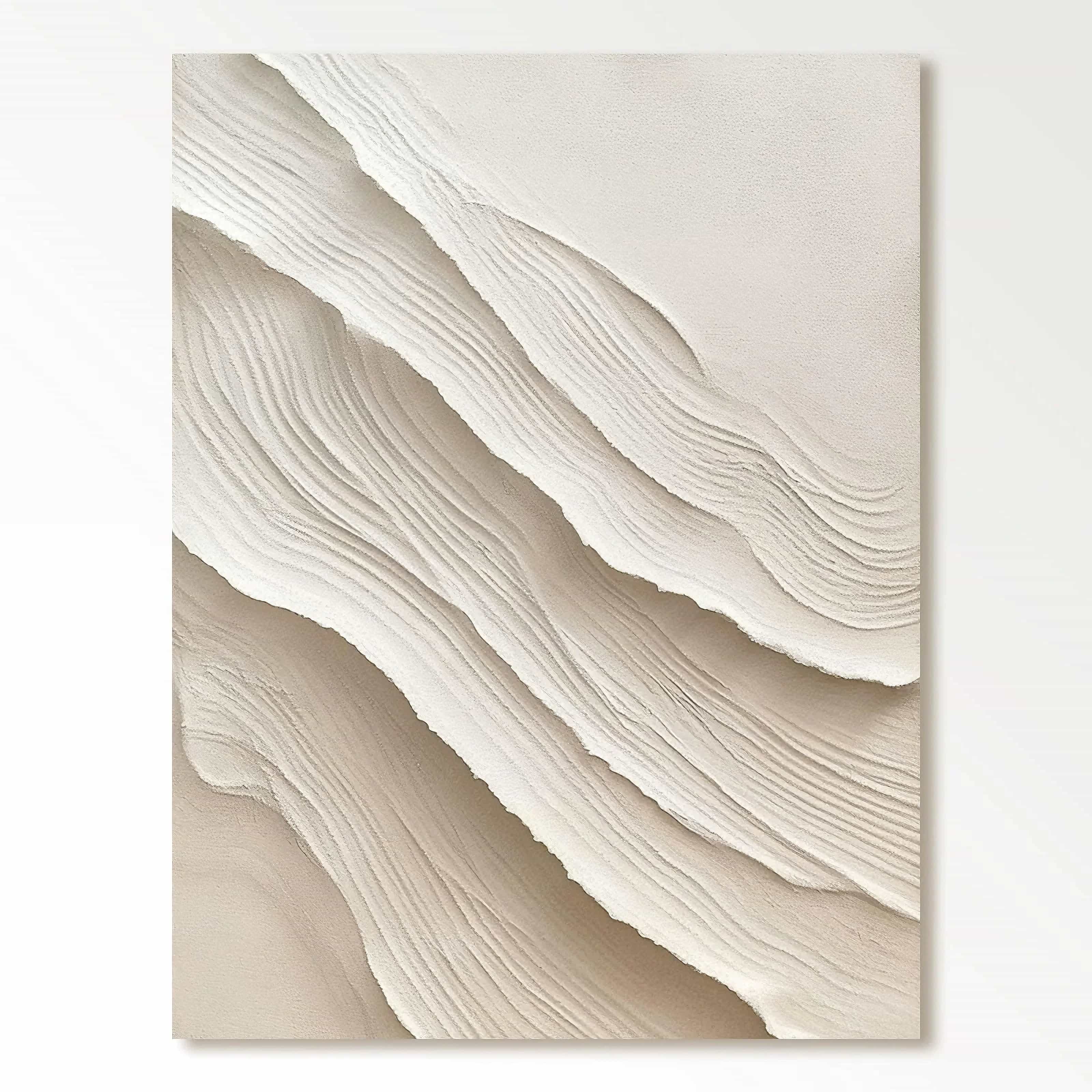 Vertical abstract 3D textured wall art in white and beige, featuring minimalist Wabi-Sabi style for modern home decor.