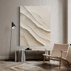 Large neutral-toned canvas painting with layered dune-like textures, perfect for living rooms and bedrooms seeking a calm aesthetic.