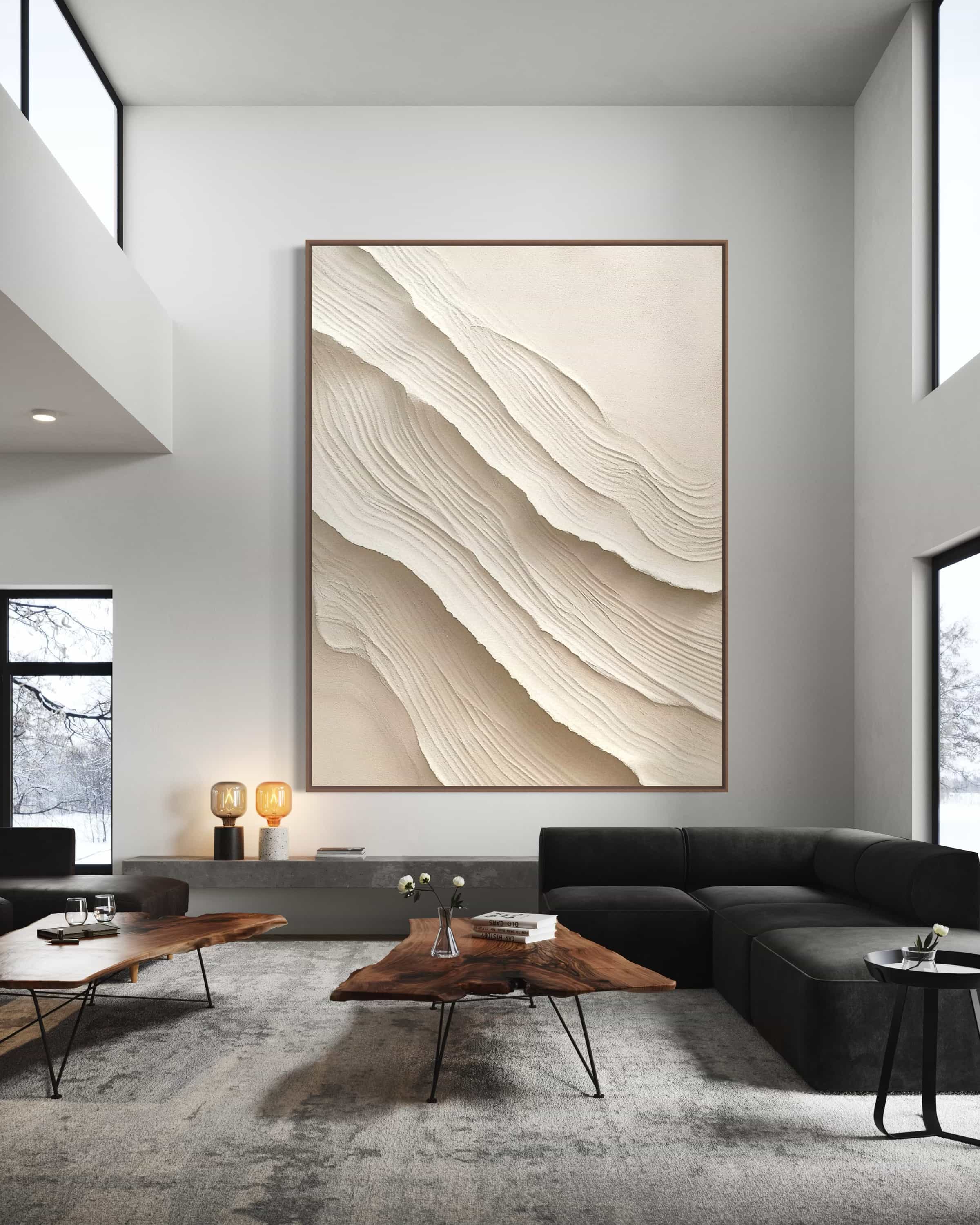 Hand-painted Wabi-Sabi inspired artwork showcasing white and beige impasto details, ideal as a housewarming gift or home decor present.