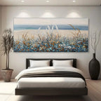 Lumi Gallery's Impressionist floral landscape painting with blue wildflowers, beach scene, textured canvas in bedroom
