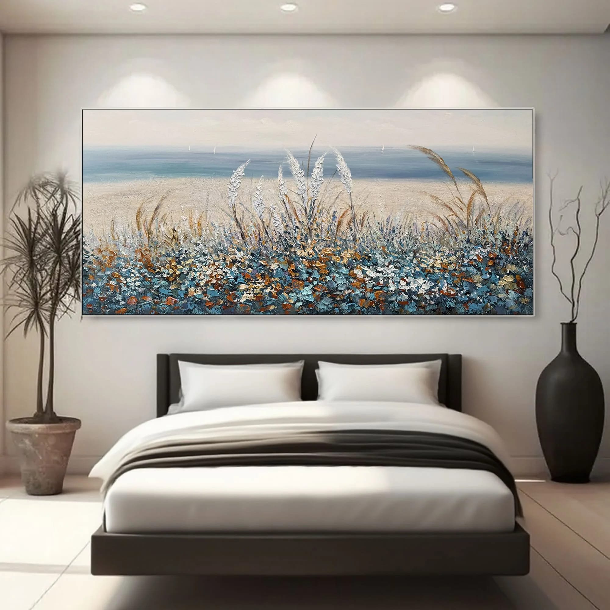 Lumi Gallery's Impressionist floral landscape painting with blue wildflowers, beach scene, textured canvas in bedroom