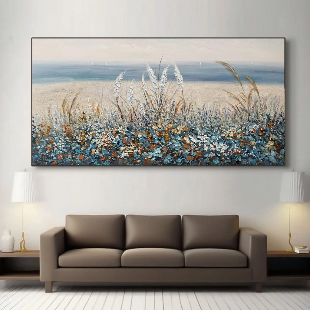 Impressionist floral landscape painting with wildflowers, textured canvas, beach/ocean view, living room decor
