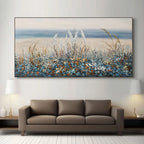 Impressionist floral landscape painting with wildflowers, textured canvas, beach/ocean view, living room decor