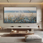 Hand-painted impressionist floral landscape with colorful wildflowers on canvas in modern interior