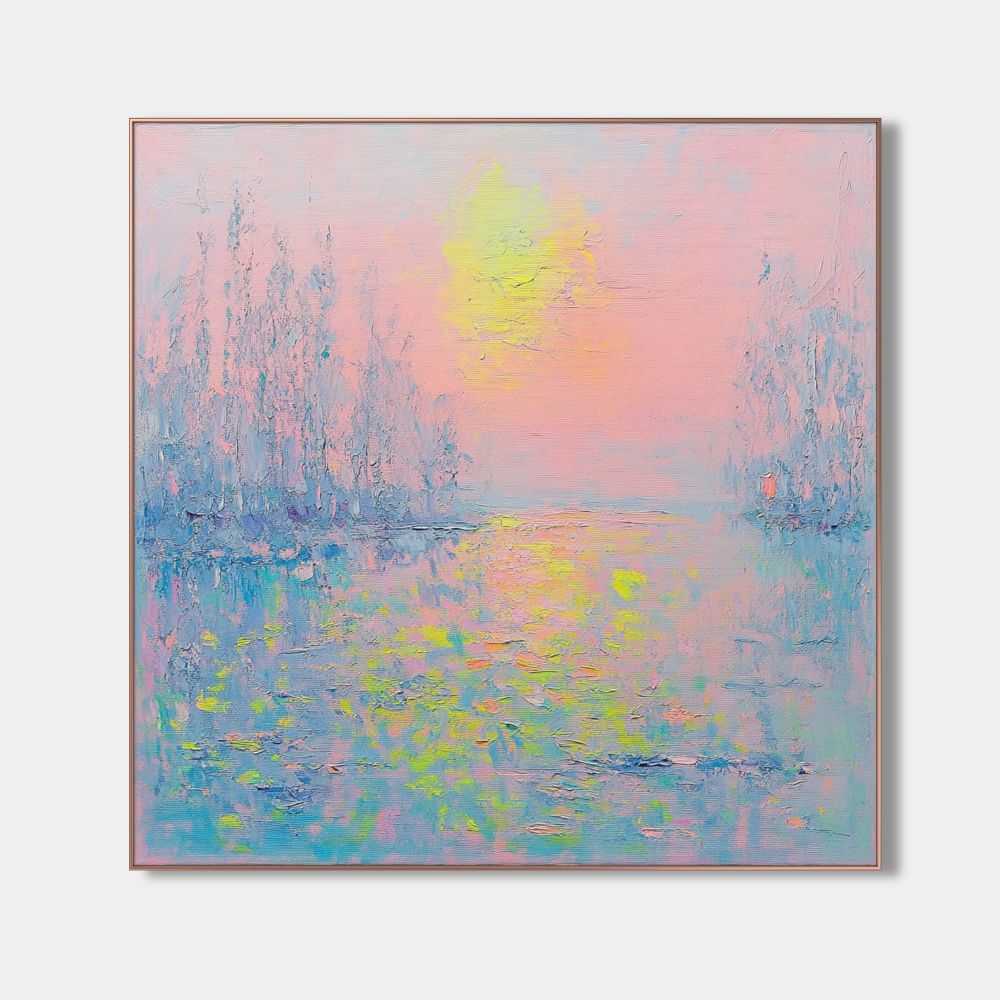 Impressionistic nature-inspired canvas painting in serene pink and blue tones for bedrooms and offices.