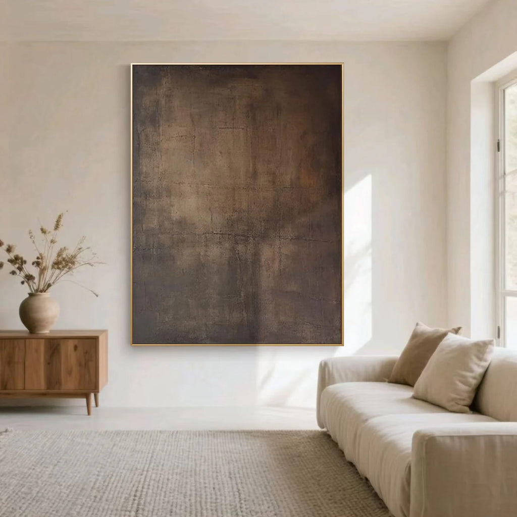 Lumi Gallery's Japandi Wabi-Sabi minimalist abstract wall art 'Dust of Time' with earth-toned textured canvas, gold frame in modern living room