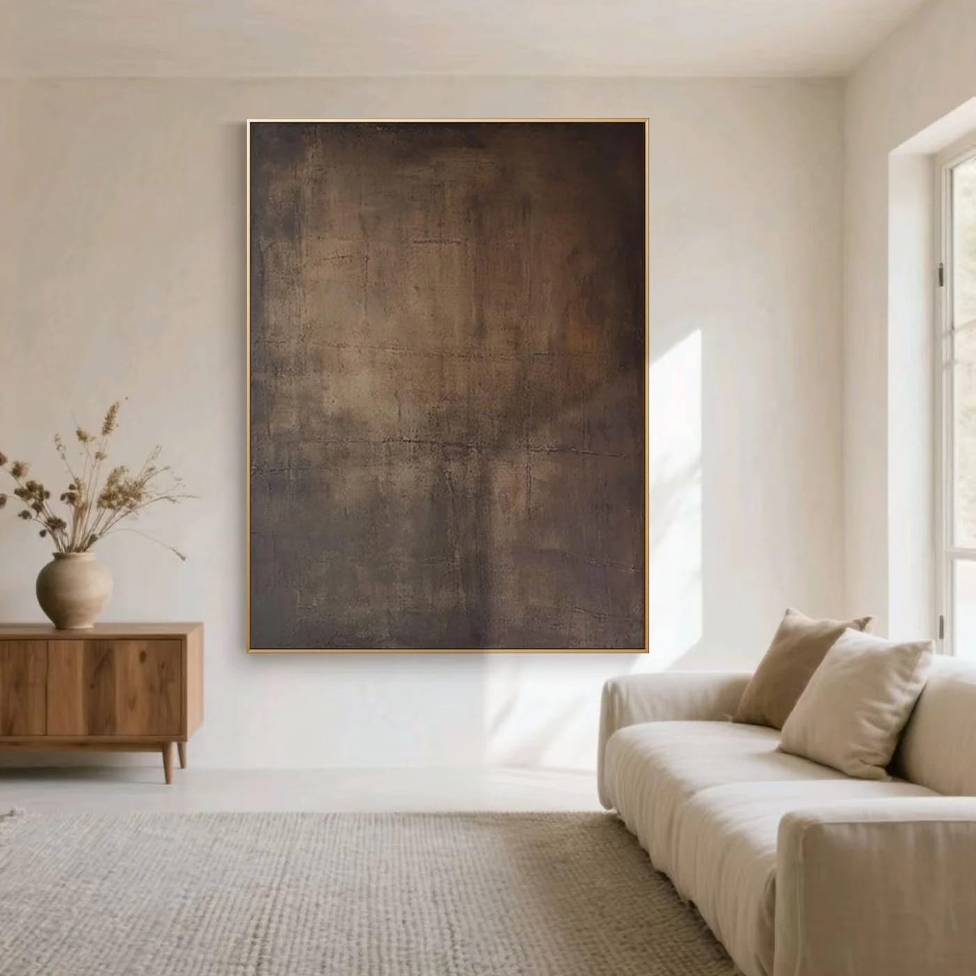 Lumi Gallery's Japandi Wabi-Sabi minimalist abstract wall art 'Dust of Time' with earth-toned textured canvas, gold frame in modern living room