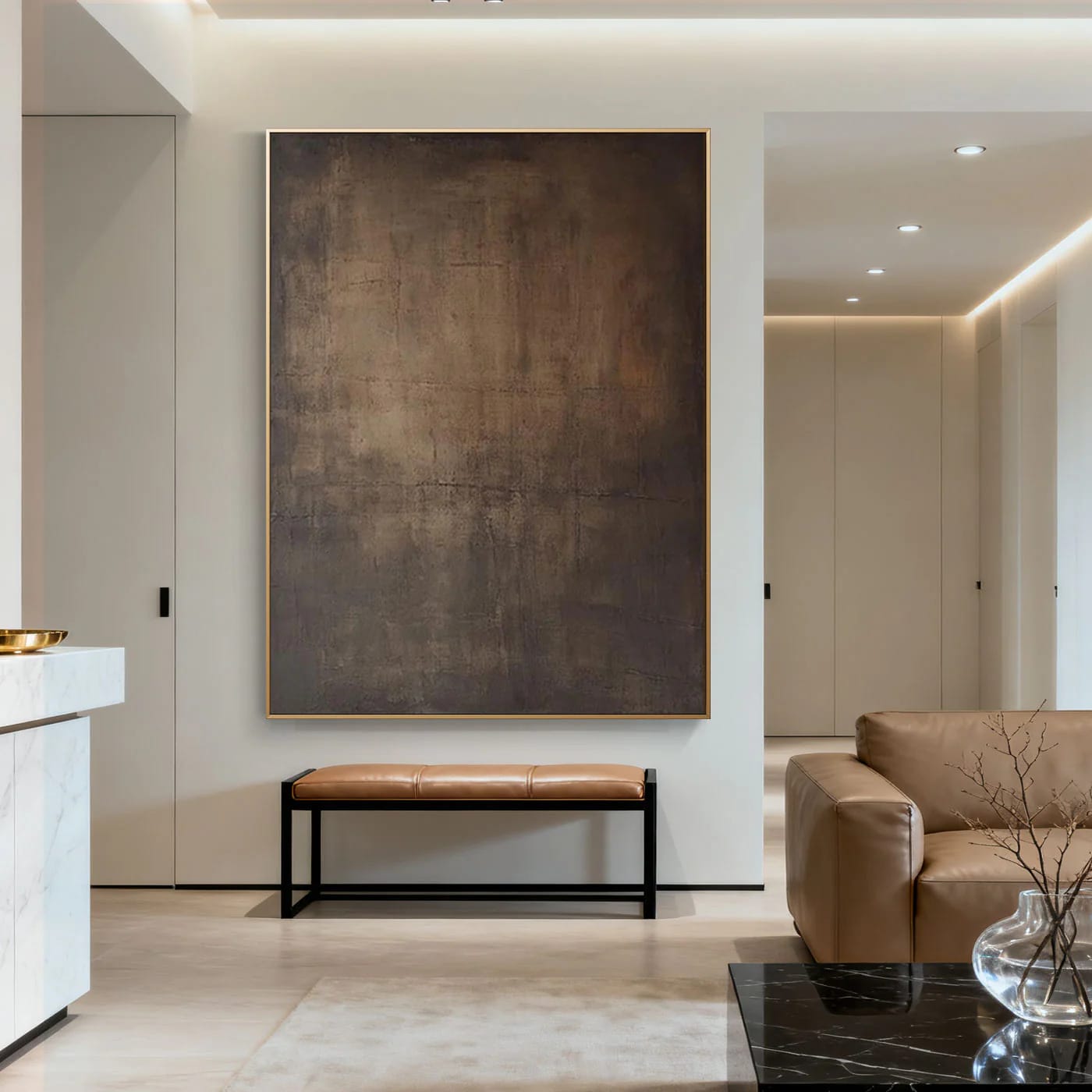 Minimalist Wabi-Sabi hand-painted earth-toned wall art in modern living room