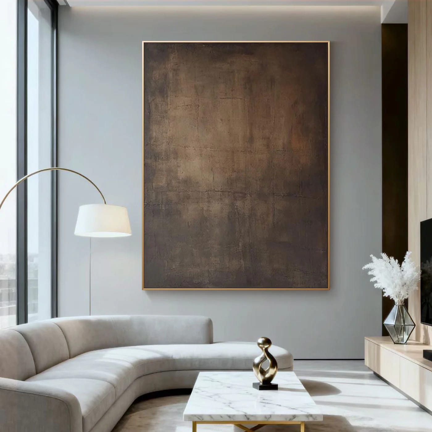 Japandi Wabi-Sabi minimalist wall art 'Dust of Time' with earthy brown tones, gold frame, modern living room