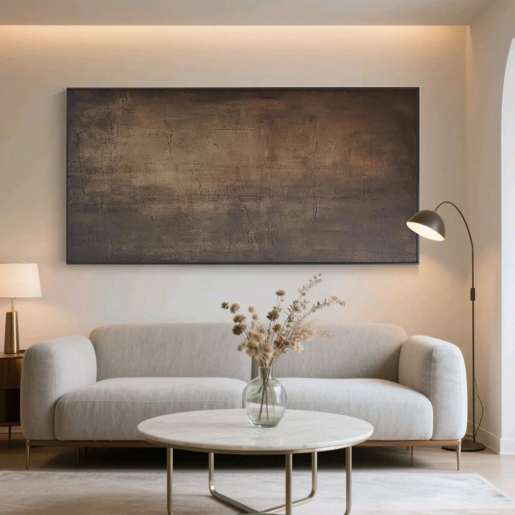 Japandi Wabi-Sabi 'Traces' wall art with earthy tones on canvas in modern living room