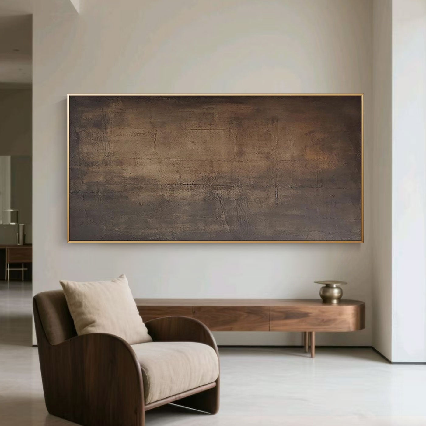 Hand-painted Japandi Wabi-Sabi minimalist wall art with earthy tones, framed canvas in modern living room