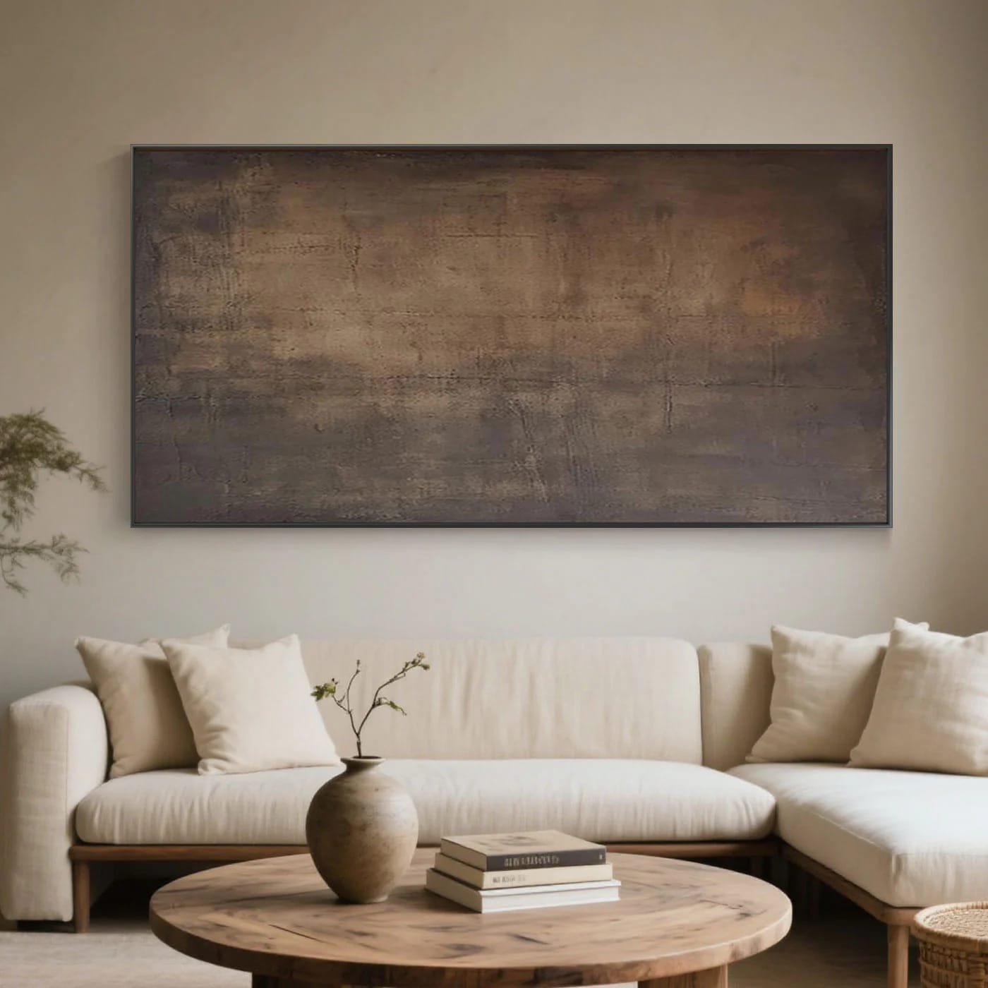 Lumi Gallery's Japandi Wabi-Sabi minimalist wall art with earthy tones, textured canvas, hanging in contemporary living room