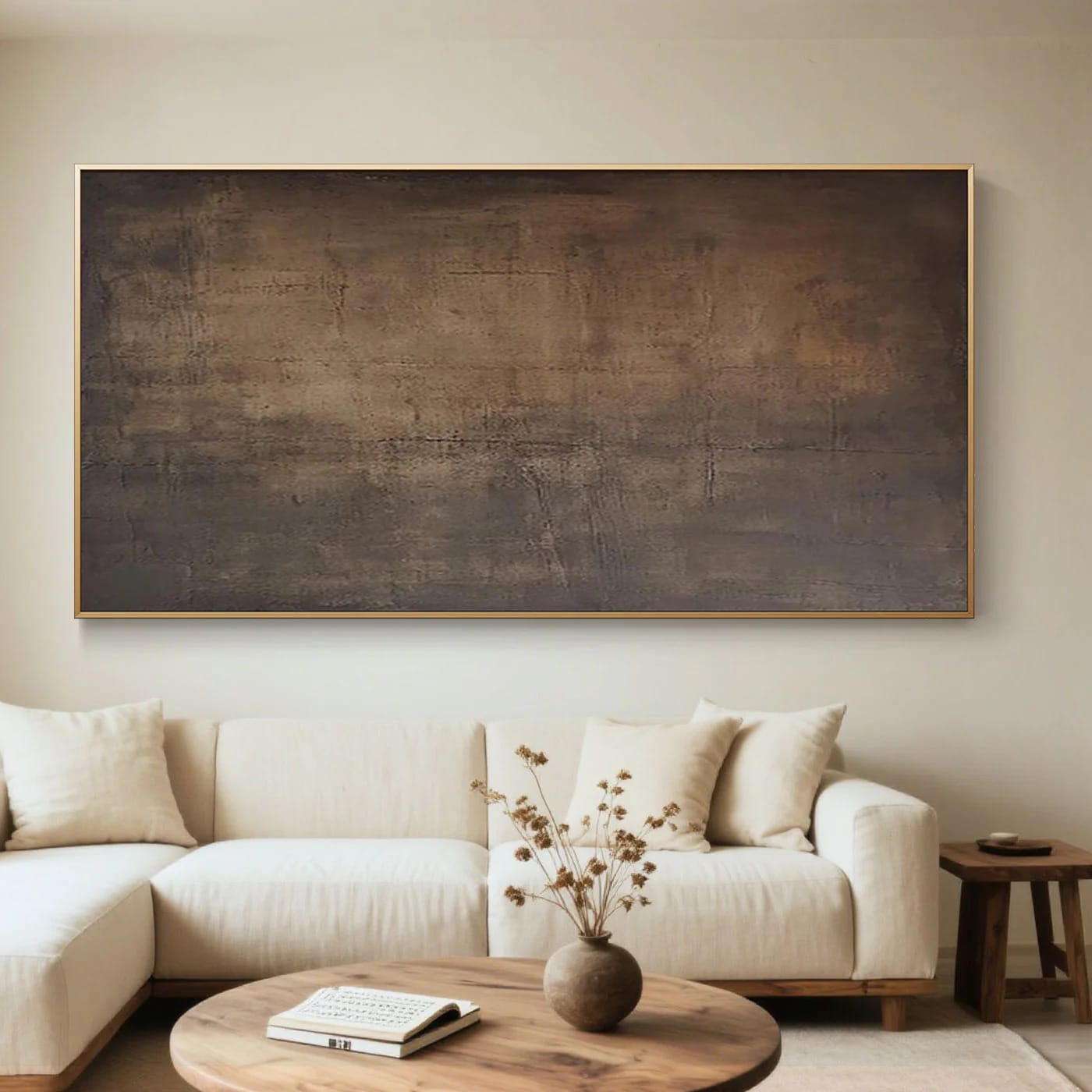 Lumi Gallery's Japandi Wabi-Sabi Minimalist Hand-Painted Wall Art 'Traces' - earthy textured canvas, minimalist living room decor