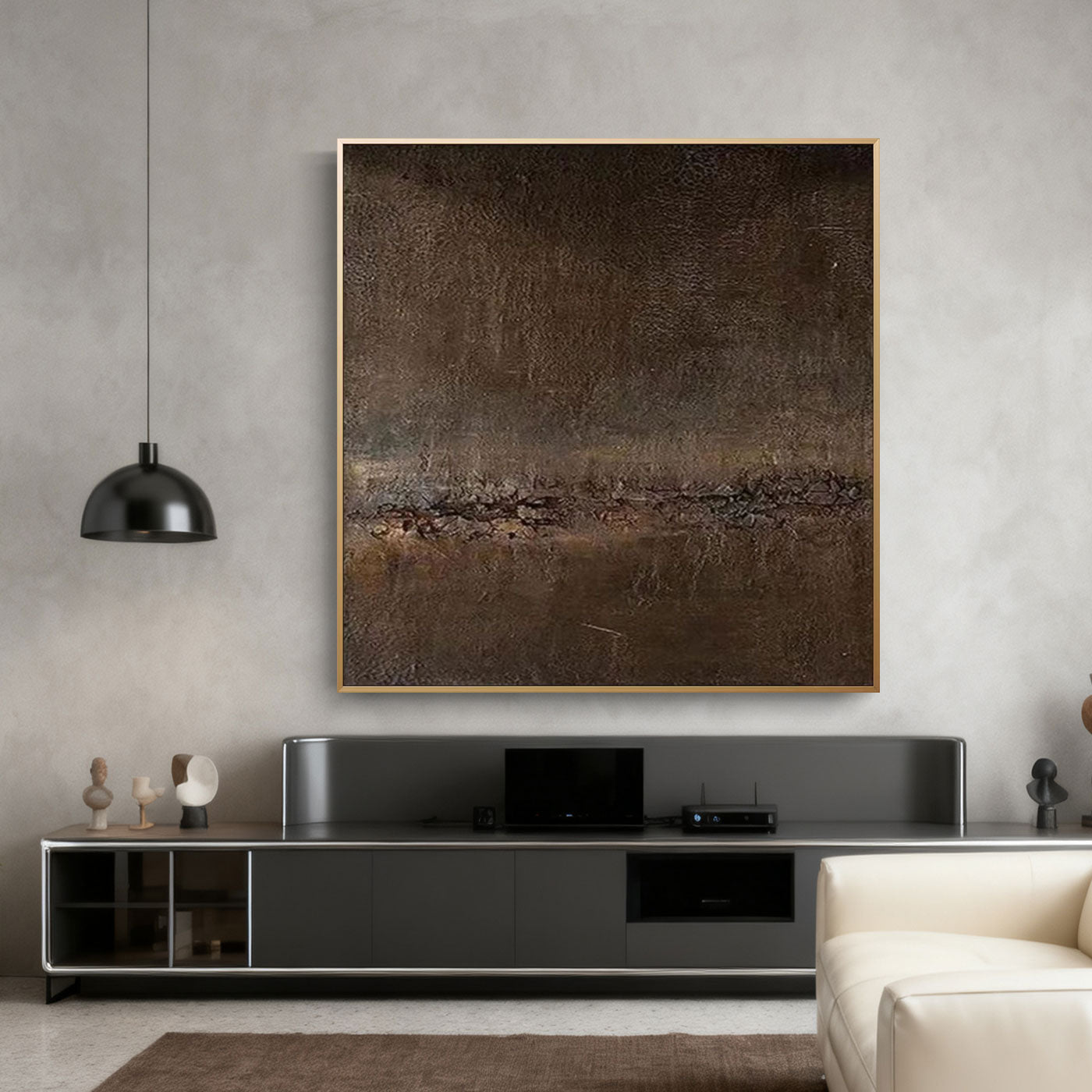 Abstract painting on a wall above a modern entertainment console in a living room.